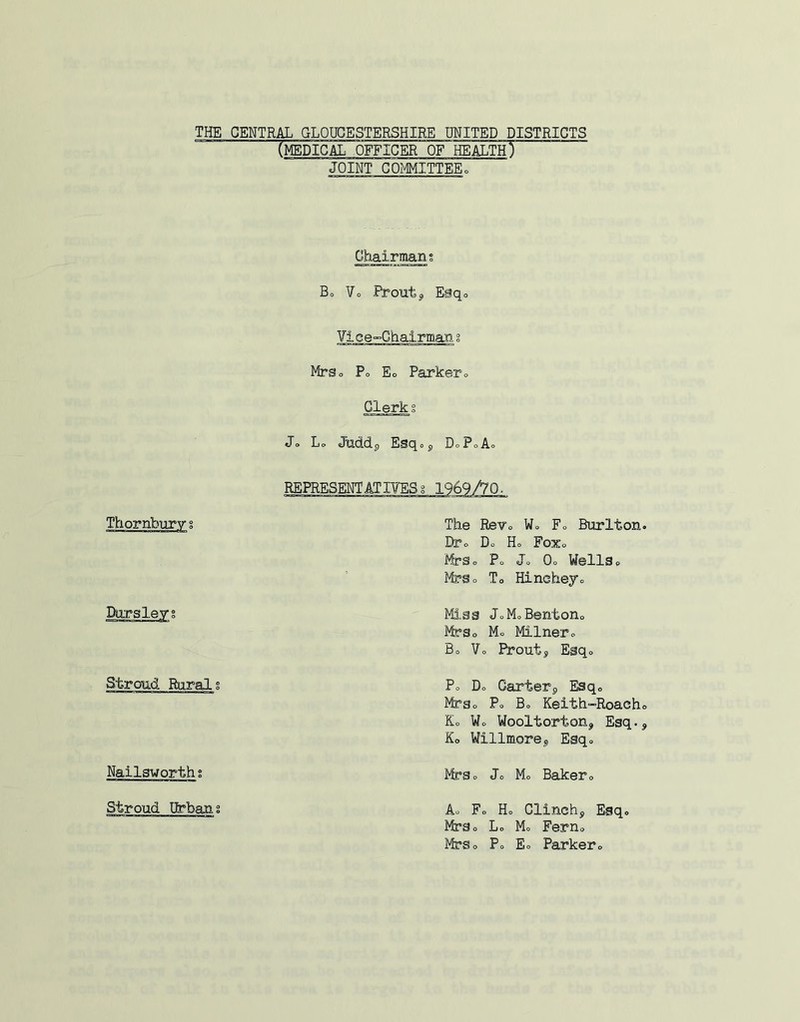 ■THE CENTRAL GLOUCESTERSHIRE UNITED DISTRICTS (MEDICAL OFFICER'ofIiEALTH') JOINT COMMITTEEo Chairmans Bo Vo Proutj, Esqo Vice-Chairman % MrSo Po Eo Parkero Clerk g Jo Lo Juddp Esqop DoPoAo REPRESENTATIVES g 1969/70- Thornburyg Parsleyg Stroud Rgrals Nailsworth s Stroud Urban, g The Revo Wo Fo Burlton. Ik“o Do Ho Foxo MrSo Po Jo Oo Wells 0 ffe'So To Hineheyo Mi,ss JoMoBentono Nfe>So Mo Milnero Bo Vo I^outp Esqo Po Do Garterp Esqc Mrso Po Bo Keith-Roacho Ko Wo Wooltorton, Esq., Ko Willmorsp Esqo l^So Jo Mo Baker o Ao Fo Ho Clinehp Esq® MrSo Lo Mo Feruo MrSo Po Eo Parkero