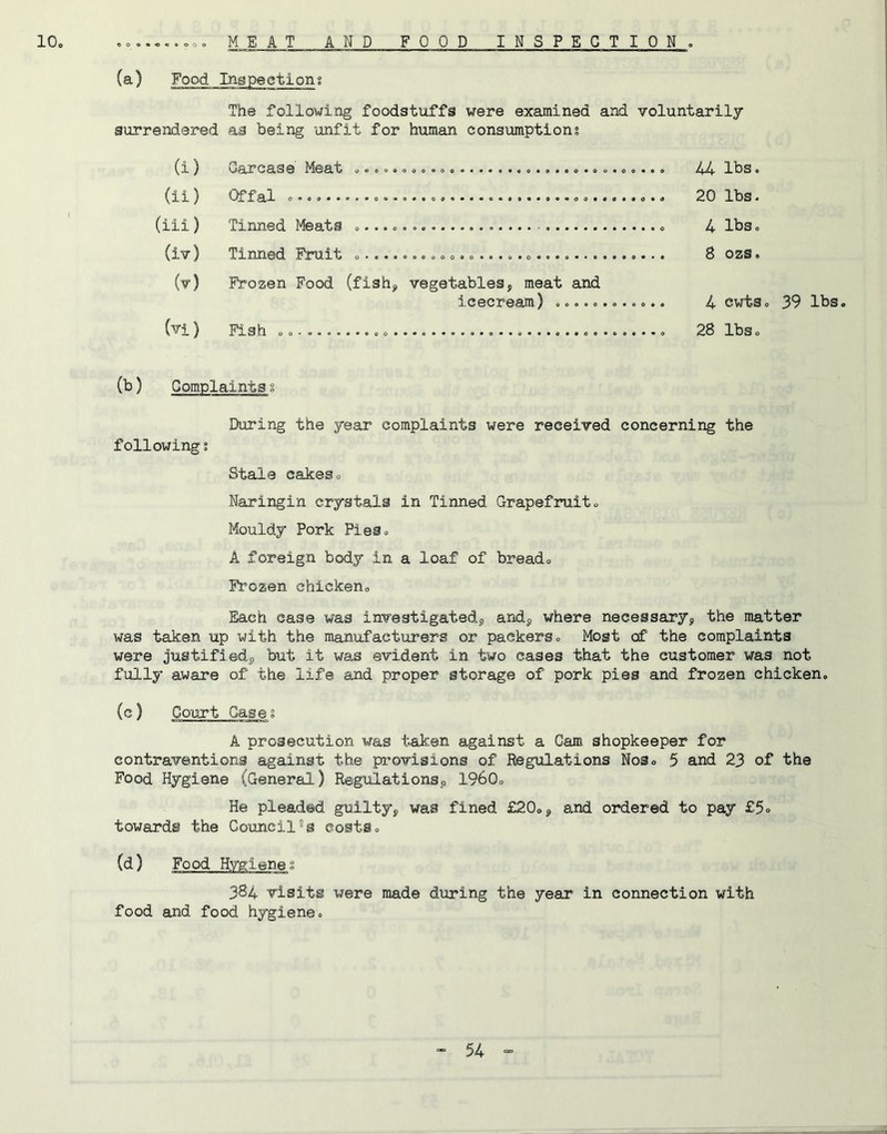 10. eo9«««*ooo M E AT AND FOOD INSPECTION , I (a) Food Inapeetiong The following foodstuffs were examined and voluntarily surrendered as being unfit for human consumption? (i) Garcase Meat (ii) Offal 0.. o (iii) Tinned Meats - (iv) Tinned Fruit ... .,0. ..o 0,0.... (v) Frozen Food (fish, vegetables, meat and icecream) ............ (vi) Fish — ....... o...... 0..........o 44 lbs. 20 lbs. 4 Ibso 8 ozs. 4 cwtSo 39 lbs. 28 Ibso (b) Complaints s During the year complaints were received concerning the following? Stale cakeso Naringin crystals in Tinned Grapefruit. Mouldy Pork Pies. A foreign body in a loaf of bread. Frozen chicken. Each case was investigated, and, where necessary, the matter i^ras taken up with the manufactui'ers or packers. Most of the complaints were justified, but it was evident in two cases that the customer was not fully aware of the life and proper storage of pork pies and frozen chicken. (c) Court Case? A prosecution was taken against a Cam shopkeeper for contraventions against the pi'ovisions of Regulations Nos. 5 and 23 of the Food Hygiene (General) Regulations, I960. He pleaded guilty, was fined £20., and ordered to pay £5o towards the Council“s costs. (d) Food Hygienes 384 visits were made during the year in connection with food and food hygiene.