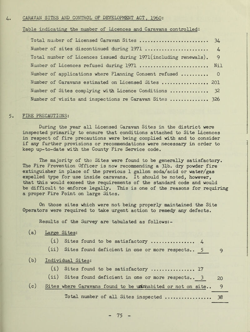 4. CARAVAN SITES AND CONTROL OF DEVELOPMENT ACT, I960: Table indicating the number of Ldcences and Caravans controlled: Total nujnber of Licensed Caravan Sites 34 Number of sites discontinued during 1971 4 Total number of Licences issued during 1971(including renewals). 9 Number of Licences refused during 1971 Nil Number of applications where Planning Consent refused 0 Number of Caravans estimated on Licensed Sites 201 Number of Sites complying with Licence Conditions 32 N\imber of visits and inspections re Caravan Sites 326 5. FIRE PRECAUTIONS; During the year all Licensed Caravan Sites in the district were inspected primarily to ensure that conditions attached to Site Licences in respect of fire precautions were being complied with and to consider if any further provisions or recommendations were necessary in order to keep up-to-date with the County Fire Service code. The majorily of the Sites were found to be generally satisfactory. The Fire Prevention Officer is now recommending a 31b. diy powder fire extinguisher in place of the previous 1 gallon soda/acid or water/gas esqDelled type for use inside caravans. It should be noted, however, that this would exceed the requirements of the standard code and would be difficult to enforce legally. This is one of the reasons for requiring a proper Fire Point on large Sites. On those sites which were not being properly maintained the Site Operators were required to take urgent action to remedy any defects. Results of the Survey are tabulated as follows:- (a) Large Sites: (i) Sites found to be satisfactory 4 (ii) Sites found deficient in one or more respects.. 5 9 (b) Individual Sites: (i) Sites found to be satisfactory 17 (ii) Sites found deficient in one or more respects.. 3 20 (c) Sites where Caravans found to be urinhabited or not on site.. 9 Total number of all Sites inspected 38