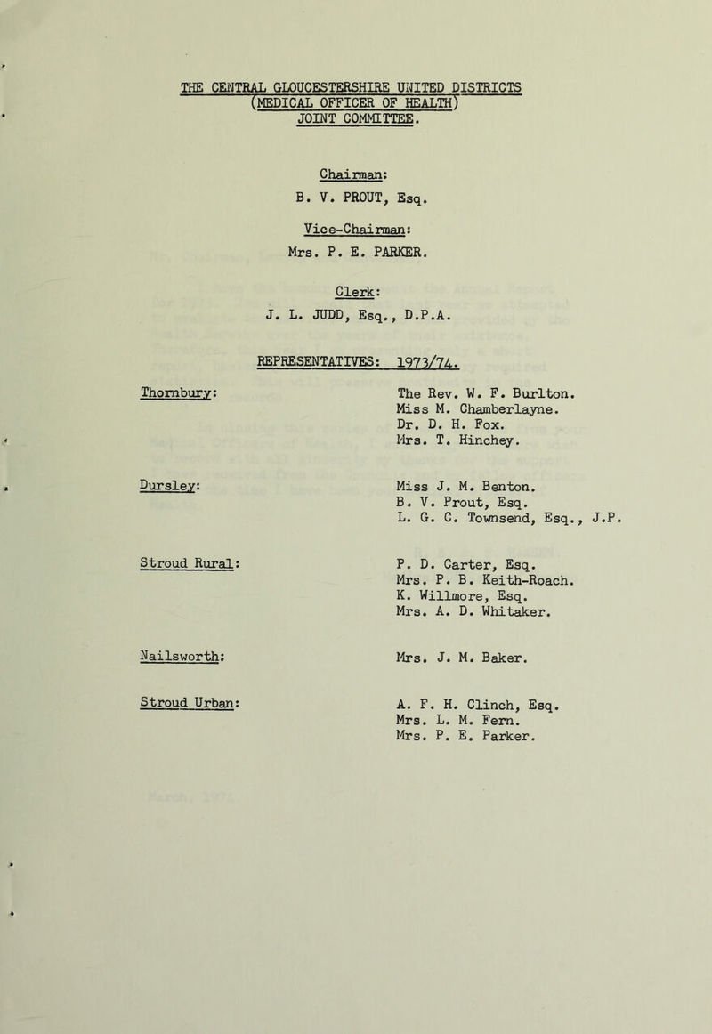 THE CENTRAL GLOUCESTERSHIRE UNITED DISTRICTS (medical OFFICER OF HEALTH) JOINT COMMITTEE. Chairman; B. V. PROUT, Esq. Vice-Chairman; Mrs. P. E. PARKER. Clerk; J. L. JUDD, Esq., D.P.A. REPRESENTATIVES; Thombury; Dursley; Stroud Rural: Nailsworth; i^7.2Z24^ The Rev, W. F. Burlton. Miss M. Chamberlayne. Dr. D. H. Fox. Mrs. T. Hinchey. Miss J. M, Benton. B. V. Prout, Esq. L. G. C, Townsend, Esq., J.P. P. D. Carter, Esq. Mrs. P. B, Keith-Roach. K. Willmore, Esq. Mrs. A. D. Whitaker. Mrs. J. M. Baker. A. F. H. Clinch, Esq. Mrs. L. M. Fern. Mrs. P. E. Parker. Stroud Urban;