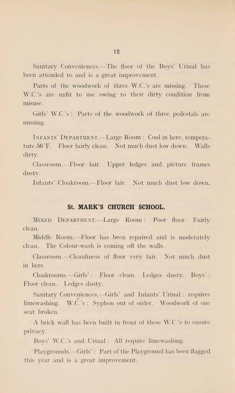 Sanitary Conveniences.—The lloor of the Boys’ Urinal has been attended to and is a great improvement. Parts of the woodwork of three W.C.’s are missing. These W.C.’s are unfit to use owing to their dirty condition from misuse. Girls’ W.C.’s : missing. Parts of the woodwork of three pedestals are Infants’ Department.—Large Room : Cool in here, tempera¬ ture 56°F. Floor fairly clean. Not much dust low down. Walls dirty. Classroom.—Floor fair. Upper ledges and picture frames dusty. Infants’ Cloakroom.-—Floor fair. Not much dust low down. St. MARK’S CHURCH SCHOOL. Mixed Department.—Large Room : Poor floor. Fairly clean. Middle Room.—Floor has been repaired and is moderately clean. The Colour-wash is coming off the walls. Classroom.—Cleanliness of floor very fair. Not much dust in here. Cloakrooms.—Girls’ : Floor clean. Ledges dusty. Boys' : Floor clean. Ledges dusty. Sanitary Conveniences.—Girls’ and Infants’ Urinal : requires limewashing. W.C.’s : Syphon out of order. Woodwork of one seat broken. A brick wall has been built in front of these W.C.’s to ensure privacy. Boys’ W.C.’s and Urinal : All require limewashing. Playgrounds.—Girls’ : Part of the Playground has been flagged this year and is a great improvement.