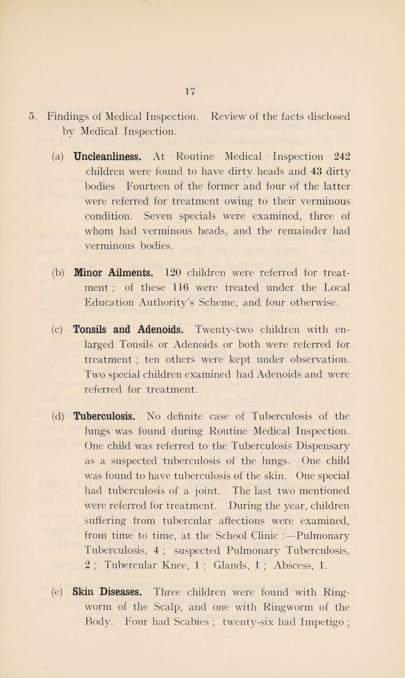5. Findings of Medical Inspection. Review of the facts disclosed by Medical Inspection. (a) Uncleanliness. At Routine Medical Inspection 242 children were found to have dirty heads and 43 dirty bodies Fourteen of the former and four of the latter were referred for treatment owing to their verminous condition. Seven specials were examined, three of whom had verminous heads, and the remainder had verminous bodies. (b) Minor Ailments. 120 children were referred for treat¬ ment ; of these 116 were treated under the Local Education Authority's Scheme, and four otherwise. (c) Tonsils and Adenoids. Twenty-two children with en¬ larged Tonsils or Adenoids or both were referred for treatment ; ten others were kept under observation. Two special children examined had Adenoids and were referred for treatment. (d) Tuberculosis. No definite case of Tuberculosis of the lungs was found during Routine Medical Inspection. One child was referred to the Tuberculosis Dispensary as a suspected tuberculosis of the lungs. One child was found to have tuberculosis of the skin. One special had tuberculosis of a joint. The last two mentioned were referred for treatment. During the year, children suffering from tubercular affections were examined, from time to time, at the School Clinic Pulmonary Tuberculosis, 4 ; suspected Pulmonary Tuberculosis, 2 ; Tubercular Knee, 1 ; Glands, 1 ; Abscess, I. (e) Skin Diseases. Three children were found with Ring¬ worm of the Scalp, and one with Ringworm of the Body. Four had Scabies ; twenty-six had Impetigo ;