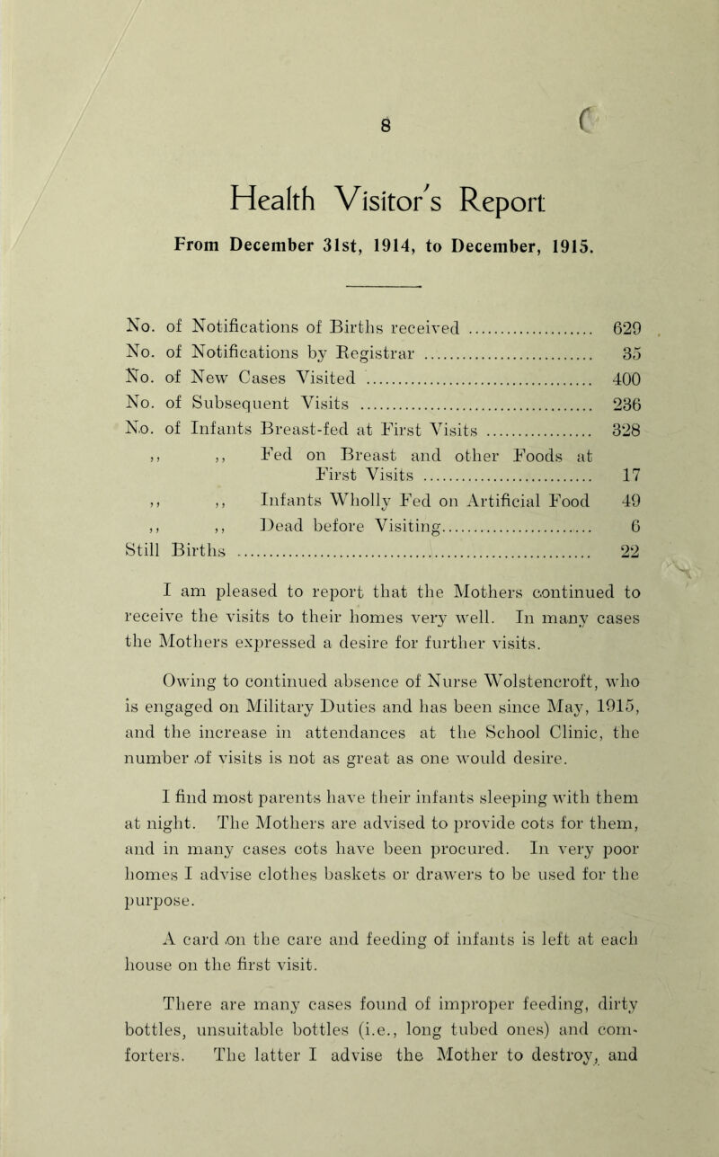 ( Health Visito/s Report From December 31st, 1914, to December, 1915. No. of Notifications of Births received 629 No. of Notifications by Eegistrar 35 No. of New Cases Visited 400 No. of Subsequent Visits 236 No. of Infants Breast-fed at First Visits 328 M Fed on Breast and other Foods at First Visits 17 ,, ,, Infants Wholly Fed on Artificial Food 49 ,, ,, Bead before Visiting 6 Still Births 22 I am pleased to report that the Mothers continued to receive the visits to their homes very well. In many cases the Mothers expressed a desire for further visits. Owing to continued absence of Nurse Wolstencroft, who is engaged on Military Duties and has been since May, 1915, and the increase in attendances at the School Clinic, the number of visits is not as great as one would desire. I find most parents have their infants sleeping with them at night. The Mothers are advised to provide cots for them, and in many cases cots have been procured. In very poor homes I advise clothes l^askets or drawei's to be used for the purpose. A card on the care and feeding of infants is left at each house on the first visit. There are many cases found of improper feeding, dirty bottles, unsuitable bottles (i.e., long tubed ones) and com- forters. The latter I advise the Mother to destroy, and