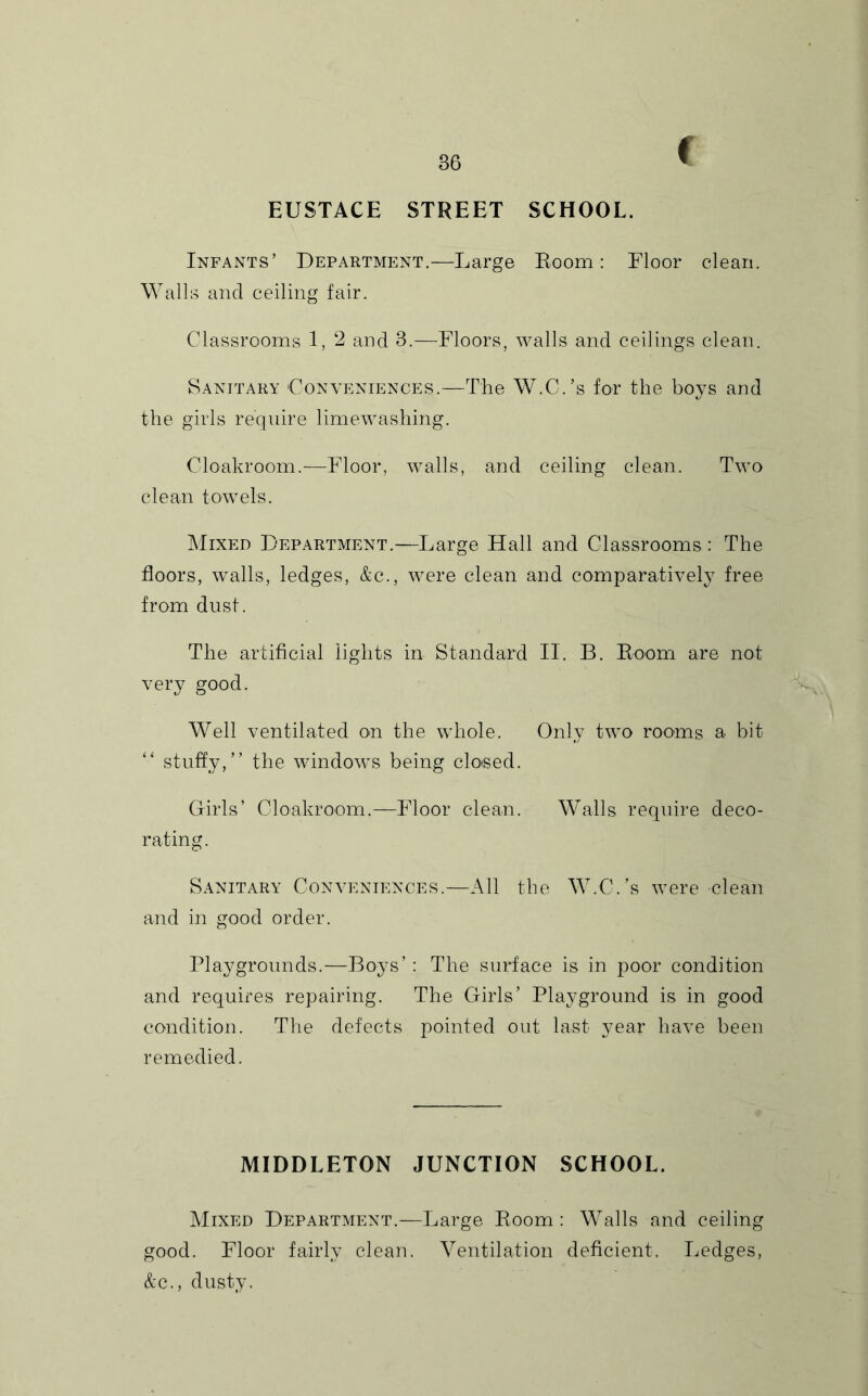 EUSTACE STREET SCHOOL. Infants’ Department.—Large Eoom: Floor clean. Walls and ceiling fair. Classrooms 1, 2 and 3.—Floors, walls and ceilings clean. Sanitary Conveniences.—The W.C.’s for the boys and the girls require limewashing. Cloakroom.—Floor, walls, and ceiling clean. Two clean towels. Mixed Department.—Large Hall and Classrooms: The floors, walls, ledges, &c., were clean and comparatively free from dust. The artificial lights in Standard II. B. Eoom are not very good. Well ventilated on the whole. Only two rooms a bit stuffy,” the window^s being closed. Girls’ Cloakroom.—Floor clean. Walls require deco- rating. Sanitary Conveniences.—All the W.C.’s were clean and in good order. Playgrounds.—Boys’ : The surface is in poor condition and requires repairing. The Girls’ Playground is in good condition. The defects pointed out last year have been remedied. MIDDLETON JUNCTION SCHOOL. Mixed Department.—Large Eoom : Walls and ceiling good. Floor fairly clean. Ventilation deficient. Ledges, &c., dusty.