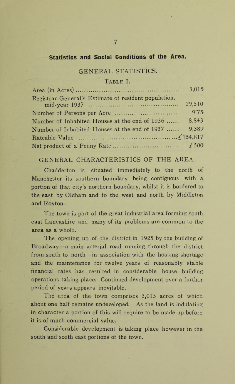 Statistics and Social Conditions of the Area. GENERAL STATISTICS. Table I. Area (in Acres) 3,015 Registrar-General’s Estimate of resident population, mid-year 1937 29,510 Number of Persons per Acre 9 75 Number of Inhabited Houses at the end of 1936 8,843 Number of Inhabited Houses at the end of 1937 9,389 Rateable Value ;^154,817 Net product of a Penny Rate ;^500 GENERAL CHARACTERISTICS OF THE AREA. Chadderton is situated immediately to the north of Manchester its southern boundary being contiguous with a portion of that city’s northern boundary, whilst it is bordered to the east by Oldham and to the west and north by Middleton and Royton. The town is part of the great industrial area forming south east Lancashire and many of its problems are common to the area as a whole. The opening up of the district in 1925 by the building of Broadway—a main arterial road running through the district from south to north—in association with the housing shortage and the maintenance for twelve years of reasonably stable financial rates has resulted in considerable house building operations taking place. Continued development over a further period of years appears inevitable. The area of the town comprises 3,015 acres of which about one half remains undeveloped. As the land is indulating in character a portion of this will require to be made up before it is of much commercial value. Considerable development is taking place however in the south and south east portions of the town.