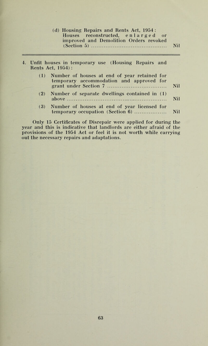 (d) Housing Repairs and Rents Act, 1954: Houses reconstructed, enlarged or improved and Demolition Orders revoked (Section 5) Nil 4. Unfit houses in temporary use (Housing Repairs and Rents Act, 1954) : (1) Number of houses at end of year retained for temporary accommodation and approved for grant under Section 7 Nil (2) Number of separate dwellings contained in (1) above Nil (3) Number of houses at end of year licensed for temporary occupation (Section 6) Nil Only 15 Certificates of Disrepair were applied for during the year and this is indicative that landlords are either afraid of the provisions of the 1954 Act or feel it is not worth while carrying out the necessary repairs and adaptations.