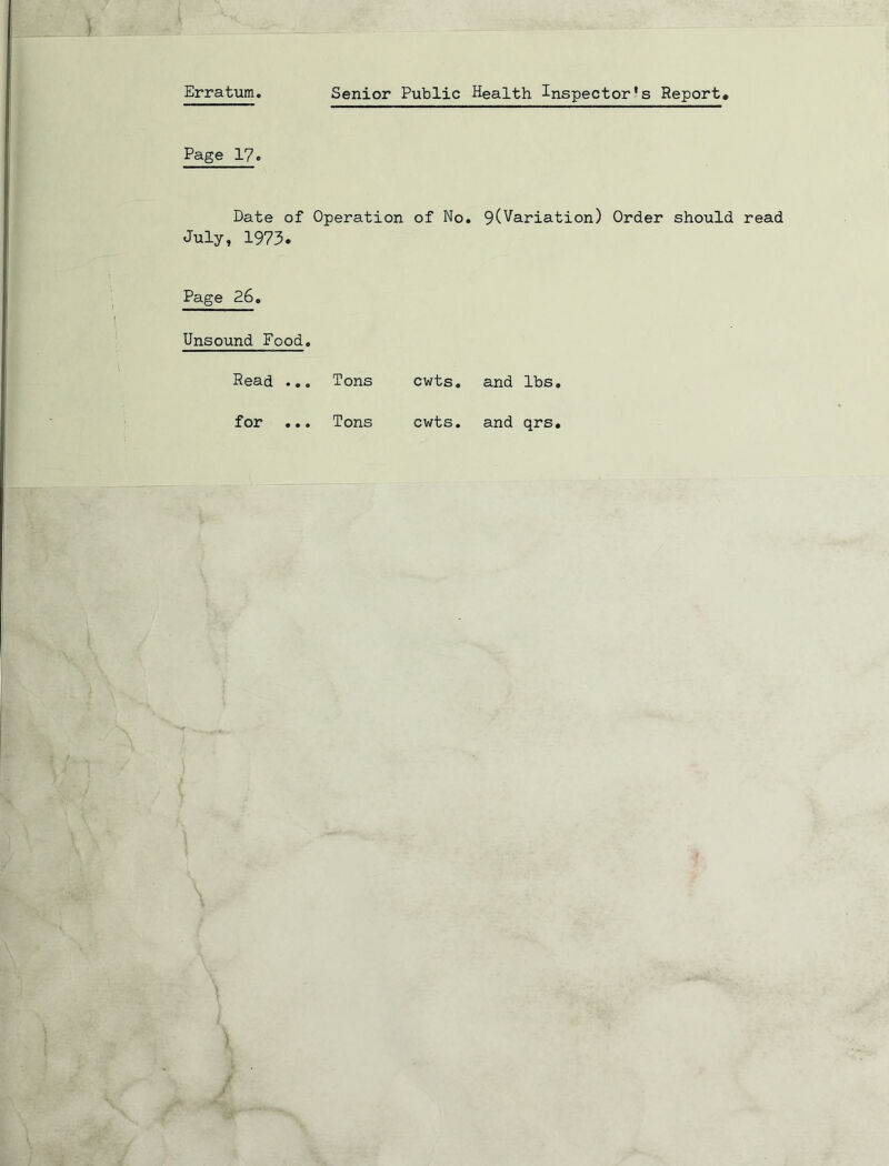 Erratum. Senior Public Health Inspector's Report Page 17e Date of Operation of No. 9(Variation) Order should read July, 1973. Page 26. Unsound Food. Read ... Tons cwts. and lbs. for ... Tons cwts. and qrs.