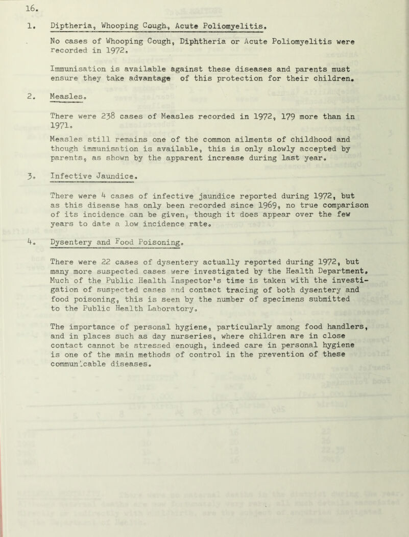 Diptheria^ Whooping Cough, Acute Poliomyelitis. No cases of V/hooping Cough, Diphtheria or Acute Poliomyelitis were recorded in 1972. Immxinisation is available against these diseases and parents must ensure they take advantage of this protection for their children. Measles. There were 238 cases of Measles recorded in 1972, 179 more than in 1971. Measles still remains one of the common ailments of childhood and though immunisation is available, this is only slowly accepted by parents, as shown by the apparent increase during last year. Infective Jaundice, There were ^ cases of infective jaundice reported during 1972, but as this disease has only been recorded since 1969, no true comparison of its incidence can be given, though it does appear over the few years to date a low incidence rate. Dysentery and Pood Poisoning. There were 22 cases of dysentery actually reported during 1972, but many more suspected cases were investigated by the Health Department. Much of the Public Health Inspector’s time is taken with the investi- gation of suspected cases end contact tracing of both dysentery and food poisoning, this is seen by the number of specimens submitted to the Public Health Laboratory, The importance of personal hygiene, particularly among food handlers, and in places such as day nurseries, where children are in close contact cannot be stressed enough, indeed care in personal hygiene is one of the main methods of control in the prevention of these communicable diseases.