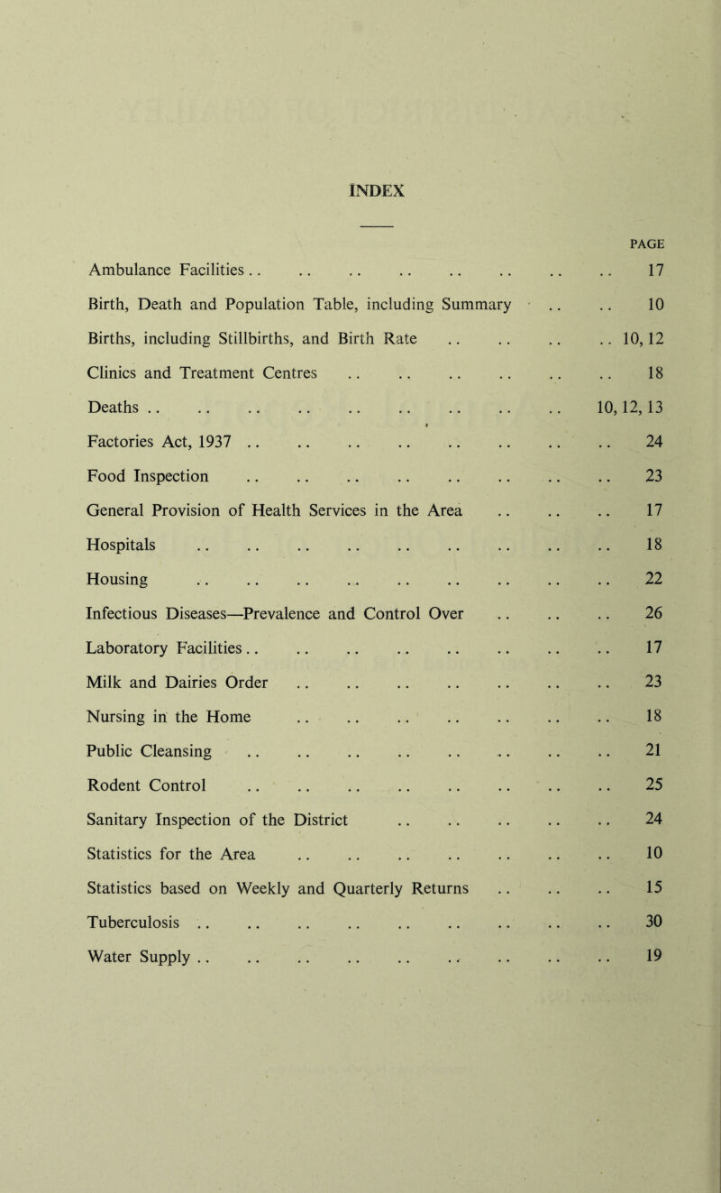 INDEX PAGE Ambulance Facilities .. .. .. .. .. .. .. .. 17 Birth, Death and Population Table, including Summary • .. .. 10 Births, including Stillbirths, and Birth Rate .. .. .. .. 10,12 Clinics and Treatment Centres .. .. .. .. .. .. 18 Deaths 10,12,13 Factories Act, 1937 24 Food Inspection 23 General Provision of Health Services in the Area 17 Hospitals 18 Housing 22 Infectious Diseases—Prevalence and Control Over 26 Laboratory Facilities 17 Milk and Dairies Order 23 Nursing in the Home .. .. .. .. .. .. .. 18 Public Cleansing .. .. .. .. .. .. .. .. 21 Rodent Control 25 Sanitary Inspection of the District 24 Statistics for the Area .. .. .. .. .. .. .. 10 Statistics based on Weekly and Quarterly Returns .. .. .. 15 Tuberculosis .. .. .. .. .. .. .. .. .. 30 Water Supply .. .. .. .. .. .. .. .. .. 19