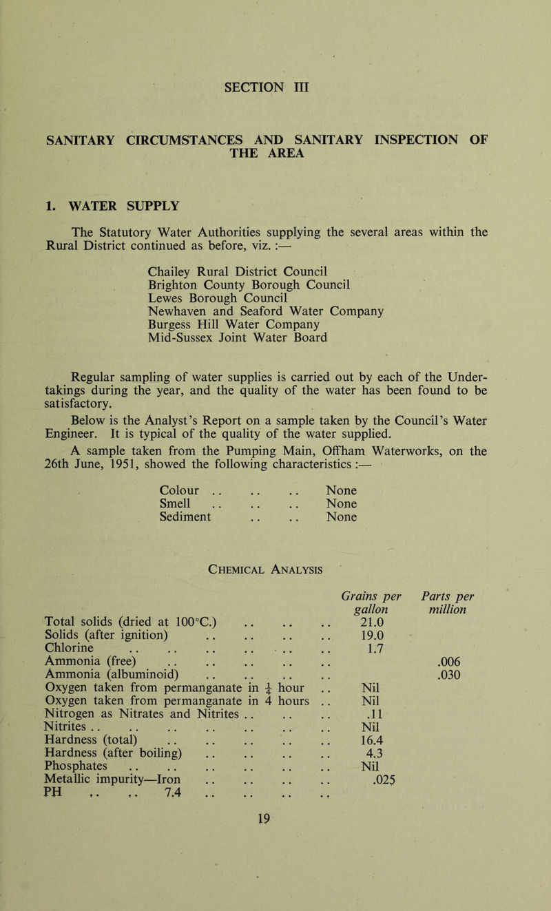 SANITARY CIRCUMSTANCES AND SANITARY INSPECTION OF THE AREA 1. WATER SUPPLY The Statutory Water Authorities supplying the several areas within the Rural District continued as before, viz.:— Chailey Rural District Council Brighton County Borough Council Lewes Borough Council Newhaven and Seaford Water Company Burgess Hill Water Company Mid-Sussex Joint Water Board Regular sampling of water supplies is carried out by each of the Under- takings during the year, and the quality of the water has been found to be satisfactory. Below is the Analyst’s Report on a sample taken by the Council’s Water Engineer. It is typical of the quality of the water supplied. A sample taken from the Pumping Main, Offham Waterworks, on the 26th June, 1951, showed the following characteristics:— Colour .. .. .. None Smell None Sediment .. .. None Chemical Analysis Grains per Parts per gallon million Total solids (dried at 100°C.) .. .. .. 21.0 Solids (after ignition) .. .. .. .. 19.0 Chlorine .. .. .. .. .. .. 1.7 Ammonia (free) .006 Ammonia (albuminoid) .. .... .. .030 Oxygen taken from permanganate in i hour .. Nil Oxygen taken from permanganate in 4 hours .. Nil Nitrogen as Nitrates and Nitrites .. .. .. .11 Nitrites .. .. .. .. .. .. .. Nil Hardness (total) 16.4 Hardness (after boiUng) .. .. .. .. 4.3 Phosphates Nil Metallic impurity—Iron .025 PH ,. ,. 7.4