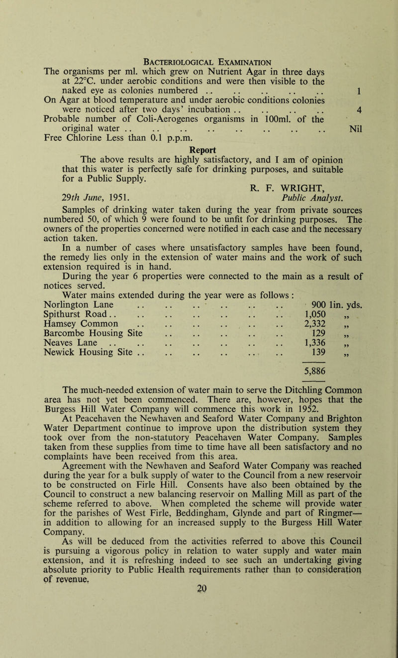 Bacteriological Examination The organisms per ml. which grew on Nutrient Agar in three days at 22°C. under aerobic conditions and were then visible to the naked eye as colonies numbered .. .. .. .. .. 1 On Agar at blood temperature and under aerobic conditions colonies were noticed after two days’ incubation 4 Probable number of Coli-Aerogenes organisms in 100ml. of the original water .. .. .. .. .. .. .. .. Nil Free Chlorine Less than 0.1 p.p.m. Report The above results are highly satisfactory, and I am of opinion that this water is perfectly safe for drinking purposes, and suitable for a Public Supply. R. F. WRIGHT, 29th June, 1951. Public Analyst. Samples of drinking water taken during the year from private sources numbered 50, of which 9 were found to be unfit for drinking purposes. The owners of the properties concerned were notified in each case and the necessary action taken. In a number of cases where unsatisfactory samples have been found, the remedy lies only in the extension of water mains and the work of such extension required is in hand. During the year 6 properties were connected to the main as a result of notices served. Water mains extended during the year were as follows: Norlington Lane • 900 lin. yds. Spithurst Road 1,050 „ Hamsey Common Barcombe Housing Site Neaves Lane Newick Housing Site .. 2,332 129 1,336 139 5,886 The much-needed extension of water main to serve the Ditchhng Common area has not yet been commenced. There are, however, hopes that the Burgess Hill Water Company will commence this work in 1952. At Peacehaven the Newhaven and Seaford Water Company and Brighton Water Department continue to improve upon the distribution system they took over from the non-statutory Peacehaven Water Company. Samples taken from these supplies from time to time have all been satisfactory and no complaints have been received from this area. Agreement with the Newhaven and Seaford Water Company was reached during the year for a bulk supply of water to the Council from a new reservoir to be constructed on Firle Hill. Consents have also been obtained by the Council to construct a new balancing reservoir on Malhng Mill as part of the scheme referred to above. When completed the scheme will provide water for the parishes of West Firle, Beddingham, Glynde and part of Ringmer— in addition to allowing for an increased supply to the Burgess Hill Water Company. As will be deduced from the activities referred to above this Council is pursuing a vigorous policy in relation to water supply and water main extension, and it is refreshing indeed to see such an undertaking giving absolute priority to Public Health requirements rather than to consideration of revenue.