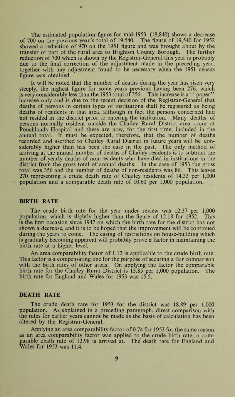 The estimated population figure for mid-1953 (18,840) shows a decrease of 700 on the previous year’s total of 19,540. The figure of 19,540 for 1952 showed a reduction of 970 on the 1951 figure and was brought about by the transfer of part of the rural area to Brighton County Borough. The further reduction of 700 which is shown by the Registrar-General this year is probably due to the final correction of the adjustment made in the preceding year, together with any adjustment found to be necessary when the 1951 census figure was obtained. It will be noted that the number of deaths during the year has risen very steeply, the highest figure for some years previous having been 276, which is very considerably less than the 1953 total of 356. This increase is a “ paper ’ ’ increase only and is due to the recent decision of the Registrar-General that deaths of persons in certain types of institutions shall be registered as being deaths of residents in that area, although in fact the persons concerned had not resided in the district prior to entering the institution. Many deaths of persons normally resident outside the Chailey Rural District area occur at Pouchlands Hospital and these are now, for the first time, included in the annual total. It must be expected, therefore, that the number of deaths recorded and ascribed to Chailey Rural District in future years will be con- siderably higher than has been the case in the past. The only method of arriving at the annual number of deaths of Chailey residents is to subtract the number of yearly deaths of non-residents who have died in institutions in the district from the gross total of annual deaths. In the case of 1953 the gross total was 356 and the number of deaths of non-residents was 86. This leaves 270 representing a crude death rate of Chailey residents of 14.33 per 1,000 population and a comparable death rate of 10.60 per 1,000 population. BIRTH RATE The crude birth rate for the year under review was 12.37 per 1,000 population, which is slightly higher than the figure of 12.18 for 1952. This is the first occasion since 1947 on which the birth rate for the district has not shown a decrease, and it is to be hoped that the improvement will be continued during the years to come. The easing of restrictions on house-building which is gradually becoming apparent will probably prove a factor in maintaining the birth rate at a higher level. An area comparability factor of 1.12 is applicable to the crude birth rate. This factor is a compensating one for the purpose of securing a fair comparison with the birth rates of other areas. On applying the factor the comparable birth rate for the Chailey Rural District is 13.85 per 1,000 population. The birth rate for England and Wales for 1953 was 15.5. DEATH RATE The crude death rate for 1953 for the district was 18.89 per 1,000 population. As explained in a preceding paragraph, direct comparison with the rates for earlier years cannot be made as the basis of calculation has been altered by the Registrar-General. Applying an area comparability factor of 0.74 for 1953 for the same reason as an area comparability factor was applied to^the crude birth rate, a com- parable death rate of 13.98 is arrived at. The’ death rate for England and Wales for 1953 was 11.4.