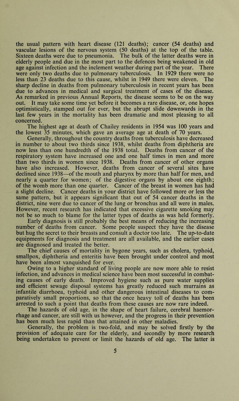 the usual pattern with heart disease (121 deaths); cancer (54 deaths) and vascular lesions of the nervous system (50 deaths) at the top of the table. Sixteen deaths were due to pneumonia. The bulk of the latter deaths were in elderly people and due in the most part to the defences being weakened in old age against infection and the inclement weather during part of the year. There were only two deaths due to pulmonary tuberculosis. In 1929 there were no less than 23 deaths due to this cause, whilst in 1949 there were eleven. The sharp decline in deaths from pulmonary tuberculosis in recent years has been due to advances in medical and surgical treatment of cases of the disease. As remarked in previous Annual Reports, the disease seems to be on the way out. It may take some time yet before it becomes a rare disease, or, one hopes optimistically, stamped out for ever, but the abrupt slide downwards in the last few years in the mortality has been dramatic and most pleasing to all concerned. The highest age at death of Chailey residents in 1954 was 100 years and the lowest 35 minutes, which gave an average age at death of 70 years. Generally, throughout the country deaths from tuberculosis have decreased in number to about two thirds since 1938, whilst deaths from diphtheria are now less than one hundredth of the 1938 total. Deaths from cancer of the respiratory system have increased one and one half times in men and more than two thirds in women since 1938. Deaths from cancer of other organs have also increased. However, deaths from cancer of several sites have declined since 1938—of the mouth and pharynx by more than half for men, and nearly a quarter for women; of the digestive organs by about one eighth; of the womb more than one quarter. Cancer of the breast in women has had a slight decline. Cancer deaths in your district have followed more or less the same pattern, but it appears significant that out of 54 cancer deaths in the district, nine were due to cancer of the lung or bronchus and all were in males. However, recent research has indicated that excessive cigarette smoking may not be so much to blame for the latter types of deaths as was held formerly. Early diagnosis is still probably the best means of reducing the increasing number of deaths from cancer. Some people suspect they have the disease but hug the secret to their breasts and consult a doctor too late. The up-to-date equipments for diagnosis and treatment are all available, and the earlier cases are diagnosed and treated the better. The chief causes of mortality in bygone years, such as cholera, typhoid, smallpox, diphtheria and enteritis have been brought under control and most have been almost vanquished for ever. Owing to a higher standard of living people are now more able to resist infection, and advances in medical science have been most successful in combat- ing causes of early death. Improved hygiene such as pure water supplies and efficient sewage disposal systems has greatly reduced such murrains as infantile diarrhoea, typhoid and other dangerous intestinal diseases to com- paratively small proportions, so that the once heavy toll of deaths has been arrested to such a point that deaths from these causes are now rare indeed. The hazards of old age, in the shape of heart failure, cerebral haemor- rhage and cancer, are still with us however, and the progress in their prevention has been much less rapid than that attained in other maladies. Generally, the problem is two-fold, and may be solved firstly by the provision of adequate care for the elderly, and secondly by more research being undertaken to prevent or limit the hazards of old age. The latter is