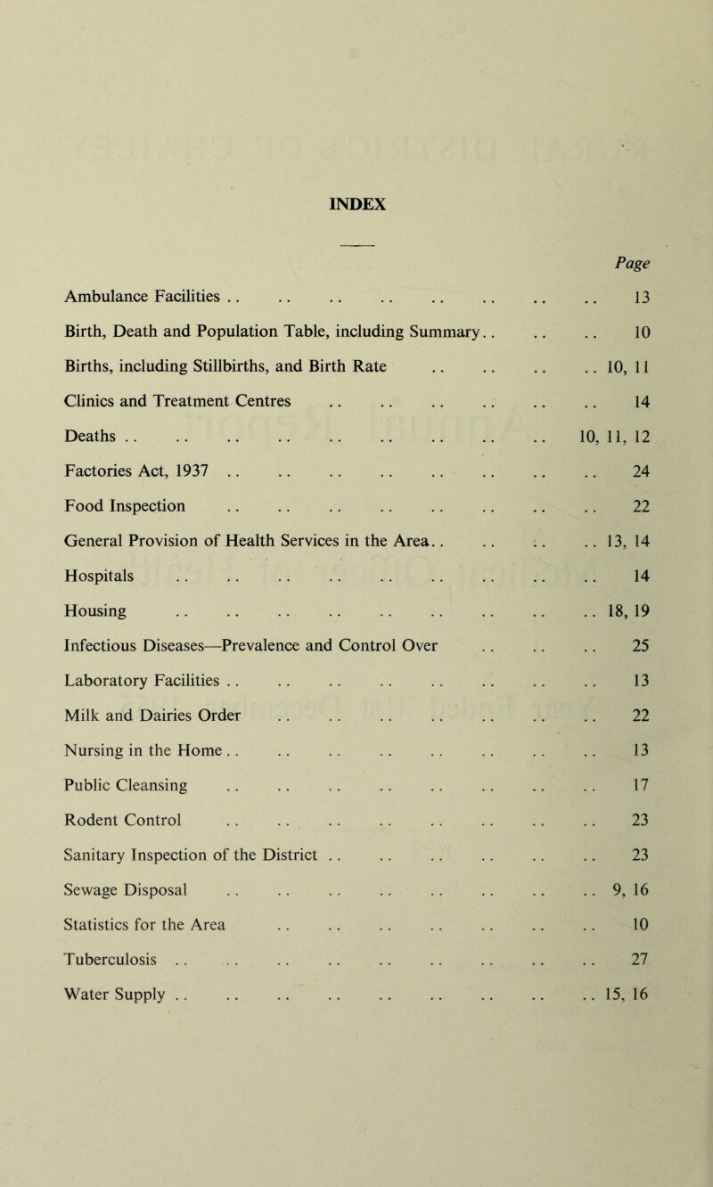 INDEX Page Ambulance Facilities .. 13 Birth, Death and Population Table, including Summary.. 10 Births, including Stillbirths, and Birth Rate .. 10, 11 Clinics and Treatment Centres 14 Deaths .. 10,11,12 Factories Act, 1937 .. 24 Food Inspection 22 General Provision of Health Services in the Area .. 13, 14 Hospitals 14 Housing ..18,19 Infectious Diseases—Prevalence and Control Over 25 Laboratory Facilities 13 Milk and Dairies Order 22 Nursing in the Home 13 Public Cleansing 17 Rodent Control 23 Sanitary Inspection of the District 23 Sewage Disposal .. 9, 16 Statistics for the Area 10 Tuberculosis 27 Water Supply .. .. 15, 16