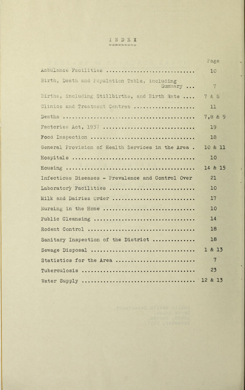 INDEX i'age AiTibulance Facilities 10 Birthj Death and Population Table, including ouminary ... 7 Births, including Stillbirths, and Birth Rate .... 7 & & Clinics and Treatment Centres 11 Deaths 7,8 & 9 Factories Act, 1937 19 Pood Inspection 18 General Provision of Health Services in the Area . 10 & 11 Hospitals 10 Housing 14 & 15 Infectious Diseases - Prevalence and Control Over 21 Laboratory Facilities 10 Milk and Dairies Order 17 Nursing in the Home 10 Public Cleansing 14 Rodent Control 18 Sanitary Inspection of the District 18 Sewage Disposal 1 & 13 Statistics for the Area 7 Tuberculosis 23 Water Supply