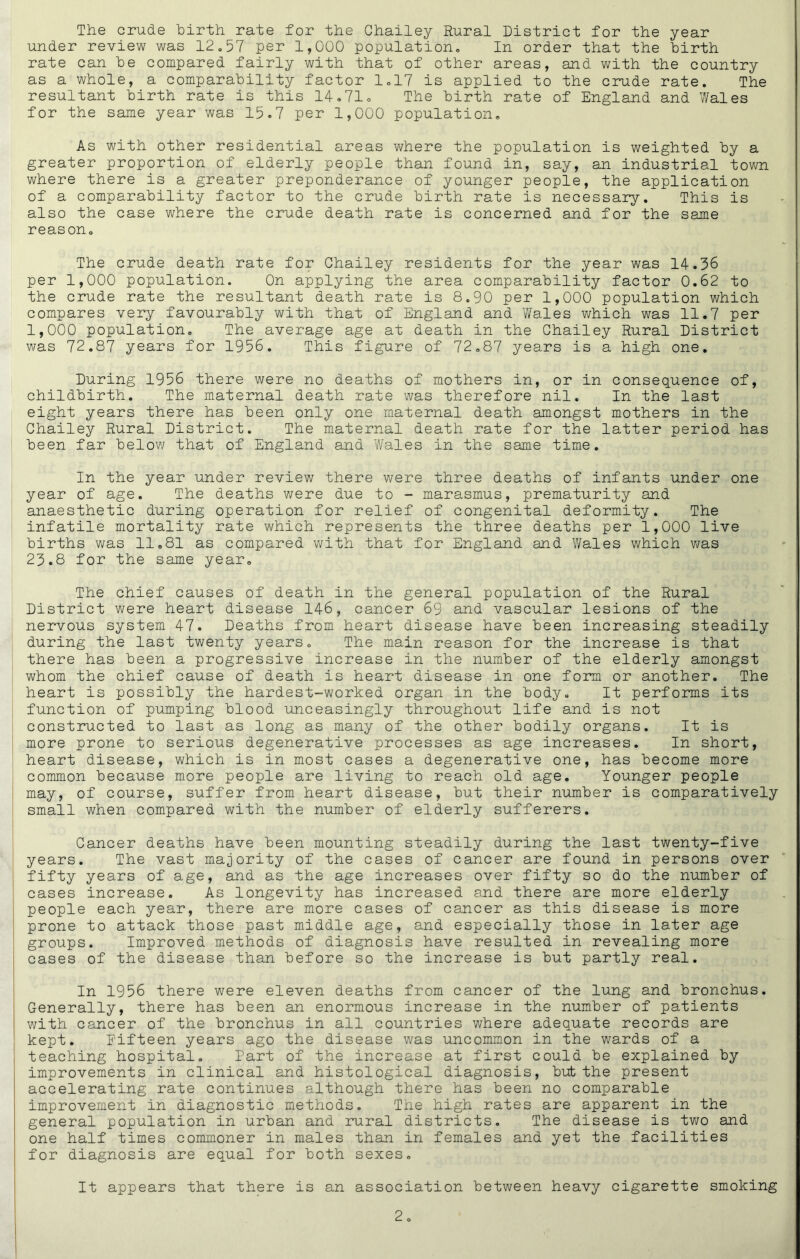 The crude birth rate for the Ghailey Rural District for the year under review was 12.57 per 1,000 population. In order that the birth rate can be compared fairly with that of other areas, and v;ith the country as a whole, a comparability factor Id? is applied to the crude rate. The resultant birth rate is this 14.71o The birth rate of England and Wales for the same year was 15.7 per 1,000 population. As with other residential areas where the population is weighted by a greater proportion of elderly people than found in, say, an industrial town where there is a greater preponderance of younger people, the application of a comparability factor to the crude birth rate is necessary. This is also the case where the crude death rate is concerned and for the same reason. The crude death rate for Ghailey residents for the year was 14.36 per 1,000 population. On applying the area comparability factor 0.62 to the crude rate the resultant death rate is 8.90 per 1,000 population which compares very favourably with that of England and Wales which was 11.7 per 1,000 population. The average age at death in the Ghailey Rural District was 72.87 years for 1956. This figure of 72.87 years is a high one. During 1956 there were no deaths of mothers in, or in consequence of, childbirth. The maternal death rate was therefore nil. In the last eight years there has been only one maternal death amongst mothers in the Ghailey Rural District. The maternal death rate for the latter period has been far below that of England and Wales in the same time. In the year under review there were three deaths of infants under one year of age. The deaths v/ere due to - marasmus, prematurity and anaesthetic during operation for relief of congenital deformity. The infatile mortality rate which represents the three deaths per 1,000 live births was 11.81 as compared with that for England and Wales which was 23.8 for the same year. The chief causes of death in the general population of the Rural District were heart disease 146, cancer 69 and vascular lesions of the nervous system 47. Deaths from heart disease have been increasing steadily during the last twenty years. The main reason for the increase is that there has been a progressive increase in the number of the elderly amongst whom the chief cause of death is heart disease in one form or another. The heart is possibly the hardest-worked organ in the body. It performs its function of pumping blood unceasingly throughout life and is not constructed to last as long as many of the other bodily organs. It is more prone to serious degenerative processes as age increases. In short, heart disease, which is in most cases a degenerative one, has become more common because more people are living to reach old age. Younger people may, of course, suffer from heart disease, but their number is comparatively small when compared with the number of elderly sufferers. Gancer deaths have been mounting steadily during the last twenty-five years. The vast majority of the cases of cancer are found in persons over fifty years of age, and as the age increases over fifty so do the number of cases increase. As longevity has increased and there are more elderly people each year, there are more cases of cancer as this disease is more prone to attack those past middle age, and especially those in later age groups. Improved methods of diagnosis have resulted in revealing more cases of the disease than before so the increase is but partly real. In 1956 there were eleven deaths from cancer of the lung and bronchus. Generally, there has been an enormous increase in the number of patients with cancer of the bronchus in all countries where adequate records are kept. Fifteen years ago the disease was uncommon in the wards of a teaching hospital. Dart of the increase at first could be explained by improvements in clinical and histological diagnosis, but the present accelerating rate continues although there has been no comparable improvement in diagnostic methods. The high rates are apparent in the general population in urban and rural districts. The disease is two and one half times commoner in males than in females and yet the facilities for diagnosis are equal for both sexes. It appears that there is an association between heavy cigarette smoking