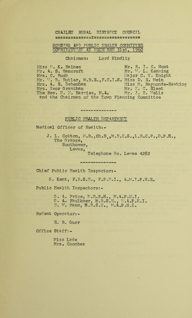 CH4ILEY RUR^L DISTRICT COUNCIL housing aitd public health committee CONSTITUTION AT DECEM BER JTst^ I960 Chairman; Lord Hindiip Miss M. K. Baines Mr. R. I. C. Hunt Mr. A. S. Bancroft Mr. M, L, Kenning Mrs. C. Bush Major C. T, Knight Mr. B. Butler, M.B.E.,F.C.I.S, Miss D. E. Mein Mrs. A.. E. Debenham Miss M. Raymonde-Hawking Mrs. Ivor Grantham Mr. R. C, Sleet The Rev. H. M. Harries, M.A* Mr. J. R. I^ells and the Chairman of the To‘'Arn Planning Committee PUBLIC HEALTH DEPARTMSTTT Medical Officer of Health:- J. L. Cotton, M.B,,Ch.B,jM.R.C.S.,L,R.C.P.,D.P.H., The Grange, Southover, Lewes, Telephone No. Lewes 4282 Chief Public Health Inspector:- G. Kent, F.R.S.H., F.P.H.I,, A.M.I.P.H.E. Public Health Inspectors;- G. A. Price, M.R.S.H., M.A.P.H.I. G. Ac Faulkner, M.R.S.H., IMA.PoH.I. C. W. Mann, M.R.S.H., M.A.P.H.I. Rodent Operator;- E. B. Gurr Office Staff;- Miss Lade Mrs. Coombes