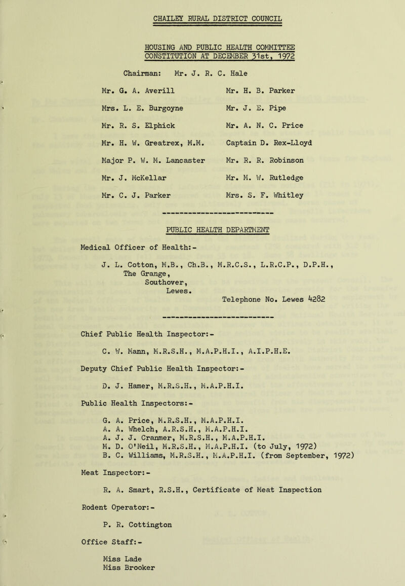 CHAILEY RURAL DISTRICT COUNCIL HOUSING AND PUBLIC HEALTH COMMITTEE CONSTITUTION AT DECEMBER 31st, 1972 Chairman: Mr. J. R. C. Hale Mr. G. A. Averill Mr. H. B. Parker Mrs. L. E. Burgoyne Mr. J. E. Pipe Mr. R. S. Elphick Mr. A. N. C. Price Mr. H. W. Greatrex, M.M. Captain D. Rex-Lloyd Major P. W. M. Lancaster Mr. R. R. Robinson Mr. J. McKellar Mr. M. W. Rutledge Mr. C. J. Parker Mrs. S. F. Whitley PUBLIC HEALTH DEPARTMENT Medical Officer of Health:- J. L. Cotton, M.B., Ch.B., M.R.C.S., L.R.C.P., D.P.H., The Grange, Southover, Lewes. Telephone No. Lewes 4282 Chief Public Health Inspector:- C. W. Mann, M.R.S.H., M.A.P.H.I., A.I.P.H.E. Deputy Chief Public Health Inspector:- D. J. Hamer, M.R.S.H., M.A.P.H.I. Public Health Inspectors:- G. A. Price, M.R.S.H., M.A.P.H.I. A. A. Whelch, A.R.S.H., M.A.P.H.I. A. J. J. Cranmer, M.R.S.H., M.A.P.H.I. M. D. O'Neil, M.R.S.H., M.A.P.H.I. (to July, 1972) B. C. Williams, M.R.S.H., M.A.P.H.I. (from September, 1972) Meat Inspector:- R, A. Smart, R.S.H., Certificate of Meat Inspection Rodent Operator:- P. R. Cottington Office Staff:- Miss Lade Miss Brooker