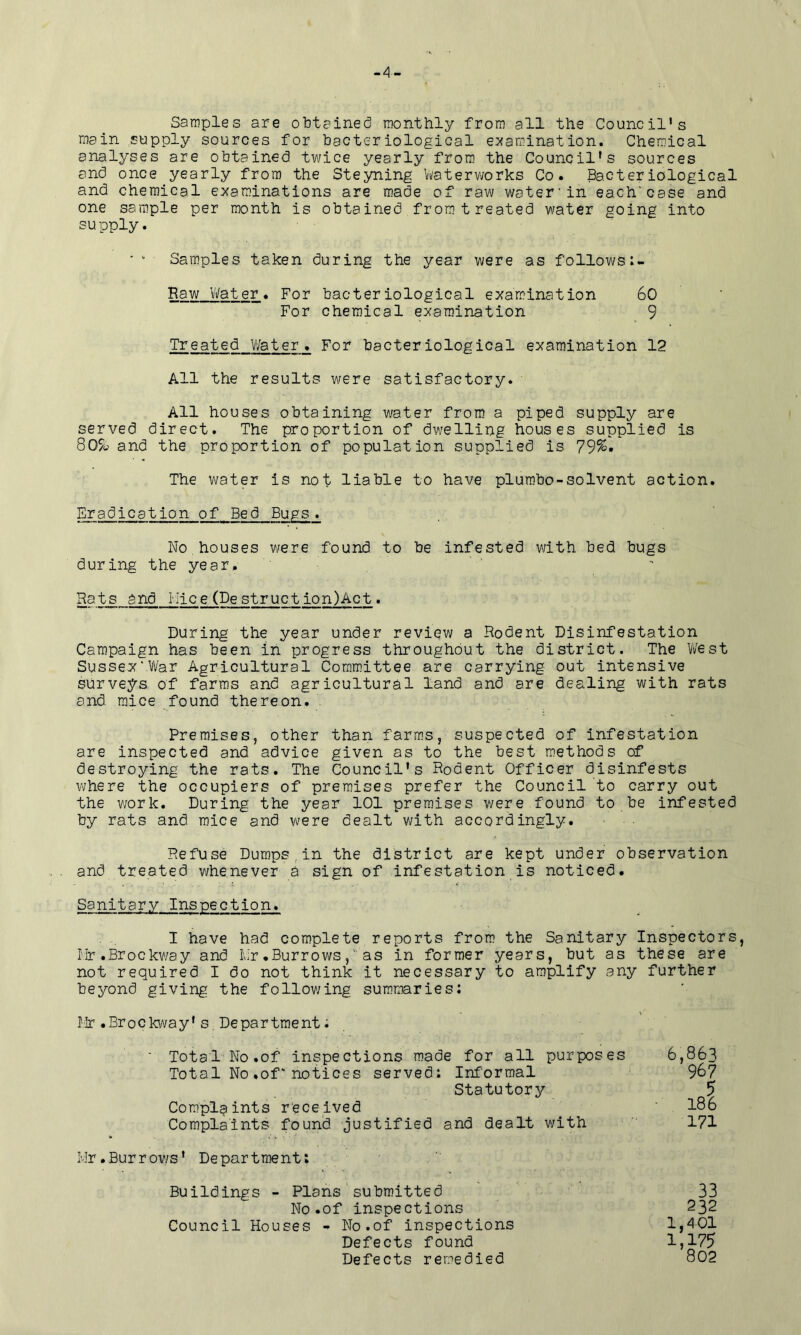 -4- Saroples are obtained monthly from all the Council's main supply sources for bacteriological e:xamination. Chemical analyses are obtained twice yearly from the Council's sources and once yearly from the Steyning Waterv;orks Co. Bacteriological and chemical e:xaminations are made of raw water'in each'case and one sample per month is obtained from treated water going into supply. ■ ' Samples taken during the year were as follows Haw Water. For bacteriological examination 60 For chemical examination 9 Treated V/ater. For bacteriological examination 12 All the results were satisfactory. All houses obtaining water from a piped supply are served direct. The proportion of dwelling houses supplied is 80% and the proportion of population supplied is 79%* The water is not liable to have plumbo-solvent action. Eradication of Bed Bugs. No houses v/ere found to be infested v/ith bed bugs during the year. Hats and Nice(Destruction)Act. During the year under review a Rodent Disinfestation Campaign has been in progress throughout the district. The V/est Sussex‘War Agricultural Committee are carrying out intensive surveys of farms and agricultural land and are dealing with rats and mice found thereon. Premises, other than farms, suspected of infestation are inspected and advice given as to the best methods of destroying the rats. The Council's Rodent Officer disinfests where the occupiers of premises prefer the Council to carry out the v;ork. During the year 101 premises v/ere found to be infested by rats and mice and were dealt with accordingly. Refuse Dumps,in the district are kept under observation and treated whenever a sign of infestation is noticed. Sanitary Inspection. I have had complete reports from the Sanitary Inspectors, rir .BrockV'/ay and I\ir .Burrows, as in former years, but as these are not required I do not think it necessary to amplify any further beyond giving the follov/ing summaries: Mr .Brockv/ay's. Department; ' Total No.of inspections made for all purposes Total No.of'notices served: Informal Statutory Complaints received Complaints found, justified and dealt v/ith Mr.Burrov/s' Department; Buildings - Plans‘submitted No.of inspections Council Houses - No.of inspections Defects found Defects remedied 6,863 967 lal 171 33 232 1,401 1,175 802