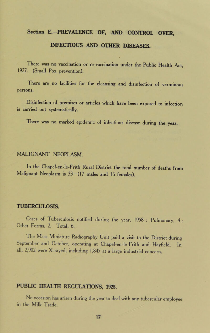 Section E.—PREVALENCE OF, AND CONTROL OVER, INFECTIOUS AND OTHER DISEASES. There was no vaccination or re-vaccination under the Public Health Act, 1927. (Small Pox prevention). There are no facilities for the cleansing and disinfection of verminous persons. Disinfection of premises or articles which have been exposed to infection is carried out systematically. There was no marked epidemic of infectious disease during the year. MALIGNANT NEOPLASM. In the Chapel-en-le-Fnth Rural District the total number of deaths from Malignant Neoplasm is 33—(17 males and 16 females). TUBERCULOSIS. Cases of Tuberculosis notified during the year, 1958 : Pulmonary, 4 ; Other Forms, 2. Total, 6. The Mass Miniature Radiography Unit paid a visit to the District during September and October, operating at Chapel-en-le-Frith and Hayfield. In all, 2,902 were X-rayed, including 1,847 at a large industrial concern. PUBLIC HEALTH REGULATIONS, 1925. No occasion has arisen during the year to deal with any tubercular employee in the Milk Trade.