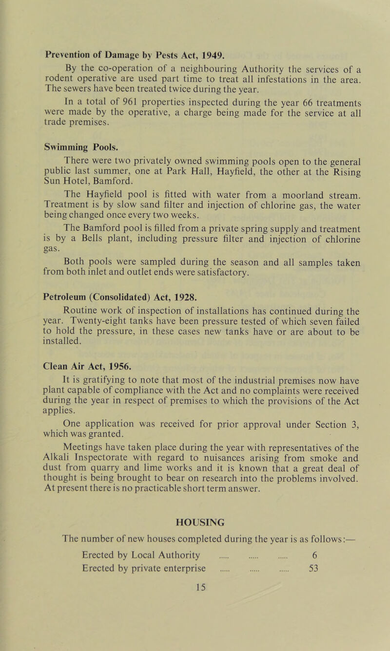 Prevention of Damage by Pests Act, 1949. By the co-operation of a neighbouring Authority the services of a rodent operative are used part time to treat all infestations in the area. The sewers have been treated twice during the year. In a total of 961 properties inspected during the year 66 treatments were made by the operative, a charge being made for the service at all trade premises. Swimming Pools. There were two privately owned swimming pools open to the general public last summer, one at Park Hall, Hayfield, the other at the Rising Sun Hotel, Bamford. The Hayfield pool is fitted with water from a moorland stream. Treatment is by slow sand filter and injection of chlorine gas, the water being changed once every two weeks. The Bamford pool is filled from a private spring supply and treatment is by a Bells plant, including pressure filter and injection of chlorine gas. Both pools were sampled during the season and all samples taken from both inlet and outlet ends were satisfactory. Petroleum (Consolidated) Act, 1928. Routine work of inspection of installations has continued during the year. Twenty-eight tanks have been pressure tested of which seven failed to hold the pressure, in these cases new tanks have or are about to be installed. Clean Air Act, 1956. It is gratifying to note that most of the industrial premises now have plant capable of compliance with the Act and no complaints were received during the year in respect of premises to which the provisions of the Act applies. One application was received for prior approval under Section 3, which was granted. Meetings have taken place during the year with representatives of the Alkali Inspectorate with regard to nuisances arising from smoke and dust from quarry and lime works and it is known that a great deal of thought is being brought to bear on research into the problems involved. At present there is no practicable short term answer. HOUSING The number of new houses completed during the year is as follows:— Erected by Local Authority 6 Erected by private enterprise 53