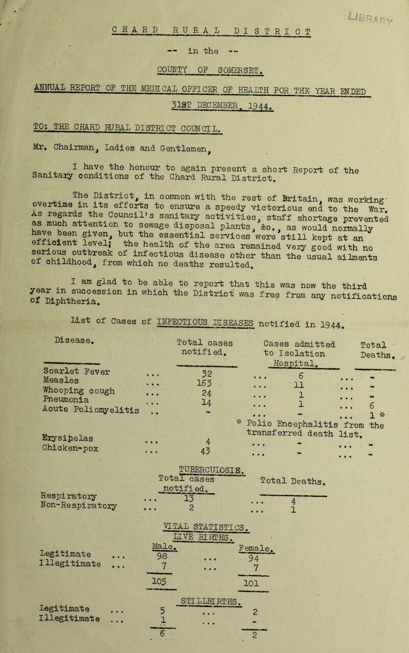 ^ r^) ^ CHARD RURAL DISTRICT -- in the -- COUHTY OR SOMERSET. ANNUAL REPORT OR THE MEDICAL ODPICER OF HEALTH DOR THE YEAR MDED 31gT DECEMBER, 1944. TO; THE CHARD RURAL DISTRICT COUNCIL. Mr, Chairman, Ladies and Gentlemen, I have the honour to again present a short Report of the Sanitary conditions of the Chard Rural District. The District, in common with the rest of Britain, was working- overtime in its efforts to ensure a speedy victorious end to the War AS ^Qgards the Council*s sanitaiy activities, staff shortage prevented as much attention to sewage disposal plants, &o., as would normally essential services were still kept at an e loient le'velj the health of the area remained veiy good with no serious outbreak of infectious disease other than the usual ailments 01 childhood, from which no deaths resulted, I am glad to be able to repoit that this was now the third ormpLherir^^'' Distriof was free from any notifications list of Cases of IMFEOTIOU5 DISEASES notified in 1944. Disease, Total cases notified. Total ■ Deaths, Scarlet Pever 32 Measles • ft • 163 Whooping cough 24 Pneumonia 14 Acute Poliomyelitis Erysipelas 4 Chicken-pox 43 Cases admitted to Isolation Hospital. 6 11 1 1 6 1 Polio Encephalitis from the transferred death list. • • • ft ft ft ft ft Respiratory Non-Re spiratory tuberculosis;. TotaT~ cases notified. 13 2 Total Deaths, 4 1 Legitimate Illegitimate VITAL STATISTICS. LIVE BIRTHS. Eemale. 98 ... 94 7 ... 7 105 101 Legitimate Illegitimate 5 1 STILLBIRTHS. 6 2