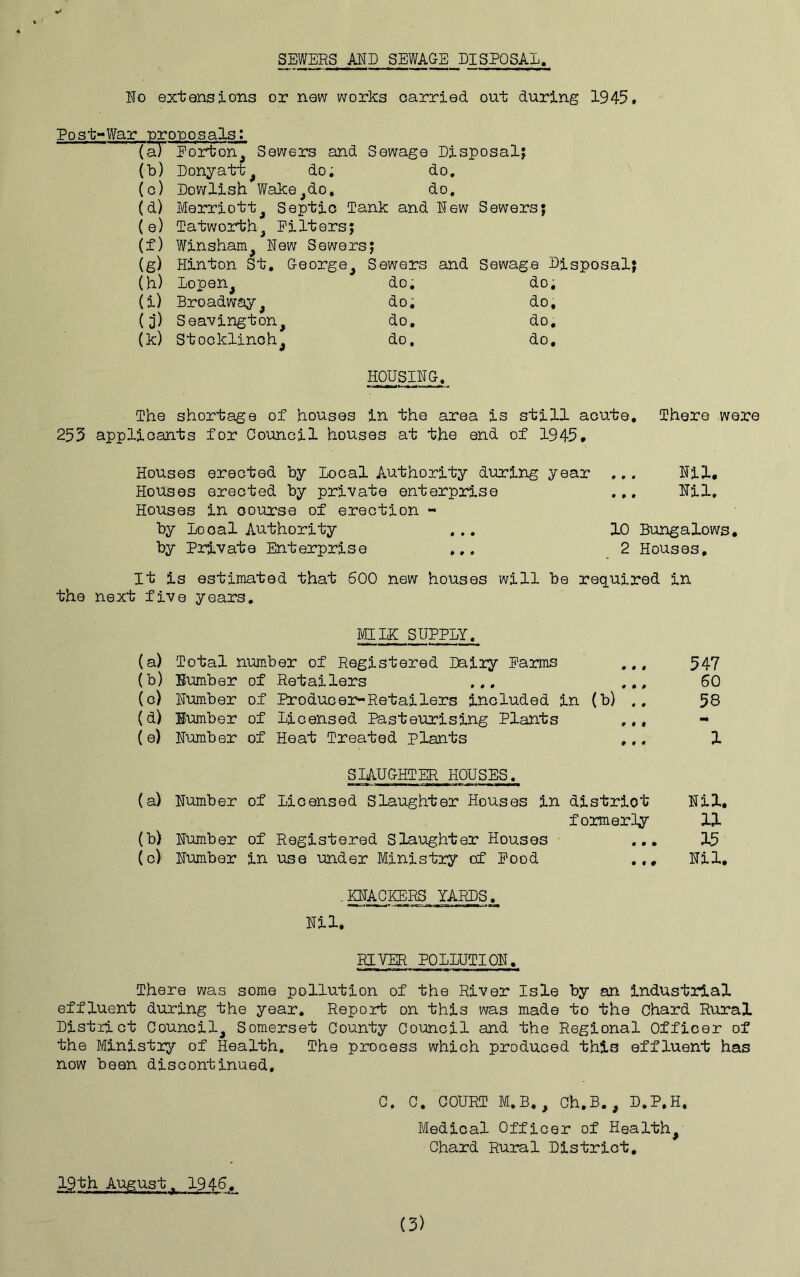 SEWERS AND SEWAGE DISPOSAL, Uo extensions or new works oarried out during 1945, PostWar nronosals: (aT Eorton, Sewers and Sewage Disposal? (b) Donyatt^ do; do, (c) Dowllsh Wake^do, do. (d) Merrlott^ Septic Tank and Dew Sewers; (e) Tatworth^ Ellters; (f) Wlnsham^ New Sewers; (g) Hinton St, George^ Sewers and Sewage Disposal? (h) lopen^ do; do; (i) Broadway^ do; do. (3*) Ssavington. do. do. (k) Stocklinch, do, HOUSING, do. The shortage of houses In the area is still acute. There wore 253 applicants for Council houses at the end of 1945, Houses erected by local Authority during year ... Nil, Houses erected by private enterprise .,. Nil. Houses in course of erection - by local Authority ... 10 Bungalows, by Private Enterprise ... 2 Houses, It is estimated that 600 new houses will be required in the next five years, MIIK SUPPIY, (a) Total number of Registered Daily Parms ... (b) Number of Retailers ... ... (o) Number of Producer-Retailers included in (b) .. (d) Number of licensed Pasteurising Plants ,,, (e) Number of Heat Treated plants ... SIAUGHTER HOUSES. III—wa—FI—.tB—K—-i* WWW—^ (a) Number of licensed Slaughter Houses in district formerly (b) Number of Registered Slaughter Houses ,, (c) Number in use under Ministry of Pood - knackers YARDS. Nil. RIVER POllUTIQN, There was some pollution of the River Isle by an industrial effluent during the year. Report on this was made to the Chard Rural Distil ot Council^ Somerset County Council and the Regional Officer of the Ministry of Health, The process which produced this effluent has now been discontinued, 0. C, COURT M.B,^ Oh.B., D.P.H, Medical Officer of Healthy Chard Rural District, 19th August. 1946, 547 60 58 1 Nil. 11 15 Nil. (3)