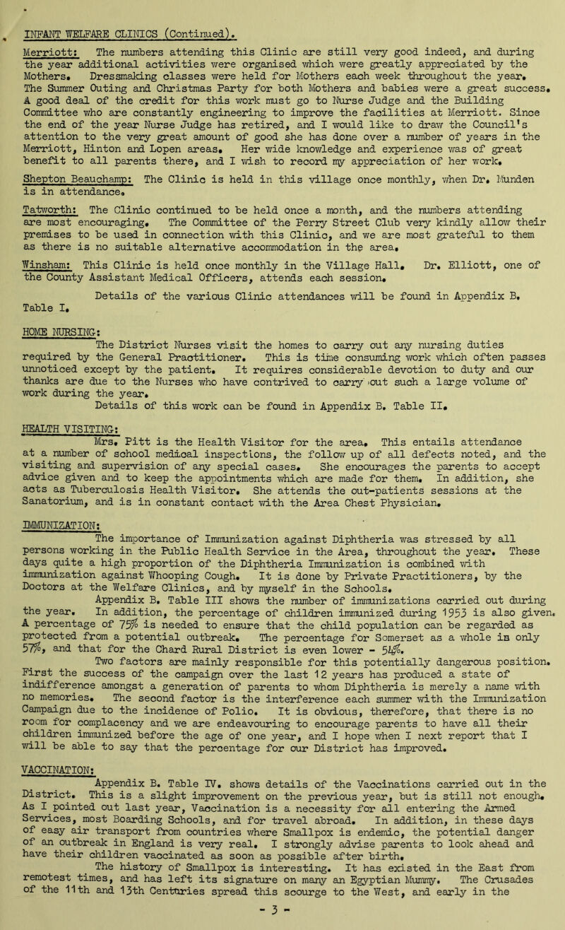 IKFMT WEIiFARE CLINICS (Continued), Merriott; The numbers attending this Clinic are still very good indeed, and during the year additional activities were organised which were greatly appreciated by the Mothers* Dressmaking classes were held for Mothers each week throughout the year* The Summer Outing and Christmas Party for both Mothers and babies v/ere a great success* A good deal of the credit for this work must go to Nurse Judge and the Building Committee who are constantly engineering to improve the facilities at Merriott. Since the end of the year Nurse Judge has retired, and I would like to draw the Council’s attention to the very great amount of good she has done over a number of years in the Meiriott, Hinton and Lopen areas* Her v;ide knowledge and experience v/as of great benefit to all parents there, and I wish to record ny appreciation of her work* Shepton Beauchamp; The Clinic is held in this village once monthly, when Dr* l/lunden is in attendance* Tatworth; The Clinic continued to be held once a month, and the numbers attending are most encouraging* The Committee of the Perry Street Club very kindly allow their premises to be used in connection with this Clinic, and we are most grateful to them as there is no suitable alternative accommodation in the area, Winsham; This Clinic is held once monthly in the Village Hall, Dr. Elliott, one of the County Assistant Medical Officers, attends each session* Details of the various Clinic attendances will be found in Appendix B» Table I* HOME NUPSING; The District Nurses visit the homes to oaxry out any nursing duties required by the General Practitioner. This is time consuming vrork v/hich often parses \innoticed except by the patient. It requires considerable devotion to duty and our thanks are due to the Nurses who have contrived to carry 'Out such a large volume of work during the year* Details of this work can be found in Appendix B. Table II, HEALTH VISITING: Mrs, Pitt is the Health Visitor for the area. This entails attendance at a number of school medical inspections, the follow up of all defects noted, and the visiting and supervision of any special cases* She encourages the parents to accept advice given and to keep the appointments v/hich are made for them. In addition, she acts as Tuberculosis Health Visitor, She attends the out-patients sessions at the Sanatorium, and is in constant contact vd.th the Area Chest Physician. DMUNIZATION; The importance of Immunization against Diphtheria was stressed by all persons working in the Public Health Service in the Area, throughout the year. These days quite a high proportion of the Diphtheria Immunization is combined with immunization against Y/hooping Cough, It is done by Private Practitioners, by the Doctors at the Welfare Clinics, and by myself in the Schools, Appendix B, Table III shows the number of immunizations carried out during the year. In addition, the percentage of children immunized during 1953 is also given, A percentage of 75% is needed to ensure that the child population can be regarded as protected from a potential outbreak* The percentage for Somerset as a whole is only 57%f and that for the Chard Rural District is even lower - 5^» Two factors are mainly responsible for this potentially dangerous position. First the success of the campaign over the last 12 years has produced a state of indifference amongst a generation of parents to whom Diphtheria is merely a name v/ith no memories* The second factor is the interference each summer with the Immunization Campaign due to the incidence of Polio, It is obvious, therefore, that there is no room for complacency and we are endeavouring to encourage parents to have all their cMldren immunized before the age of one year, and I hope when I next report that I will be able to say that the percentage for our District has improved, VACCINATION! Appendix B, Table IV, shows details of the Vaccinations carried out in the District, This is a slight improvement on the previous year, but is still not enough. As I pointed out last year. Vaccination is a necessity for all entering the Armed Services, most Boarding Schools, and for travel abroad. In addition, in these days of easy air transport from countries vrhere Smallpox is endemic, the potential danger of an outbreak in England is very real, I strongly axivise parents to look ahead, and have their children vaccinated as soon as possible after birth. The history of Smallpox is interesting. It has existed in the East from remotest times, and has left its signature on many an Egyptian Mummy, The Crusades of the 11th and 13th Centuries spread this scourge to the West, and early in the - 3 -