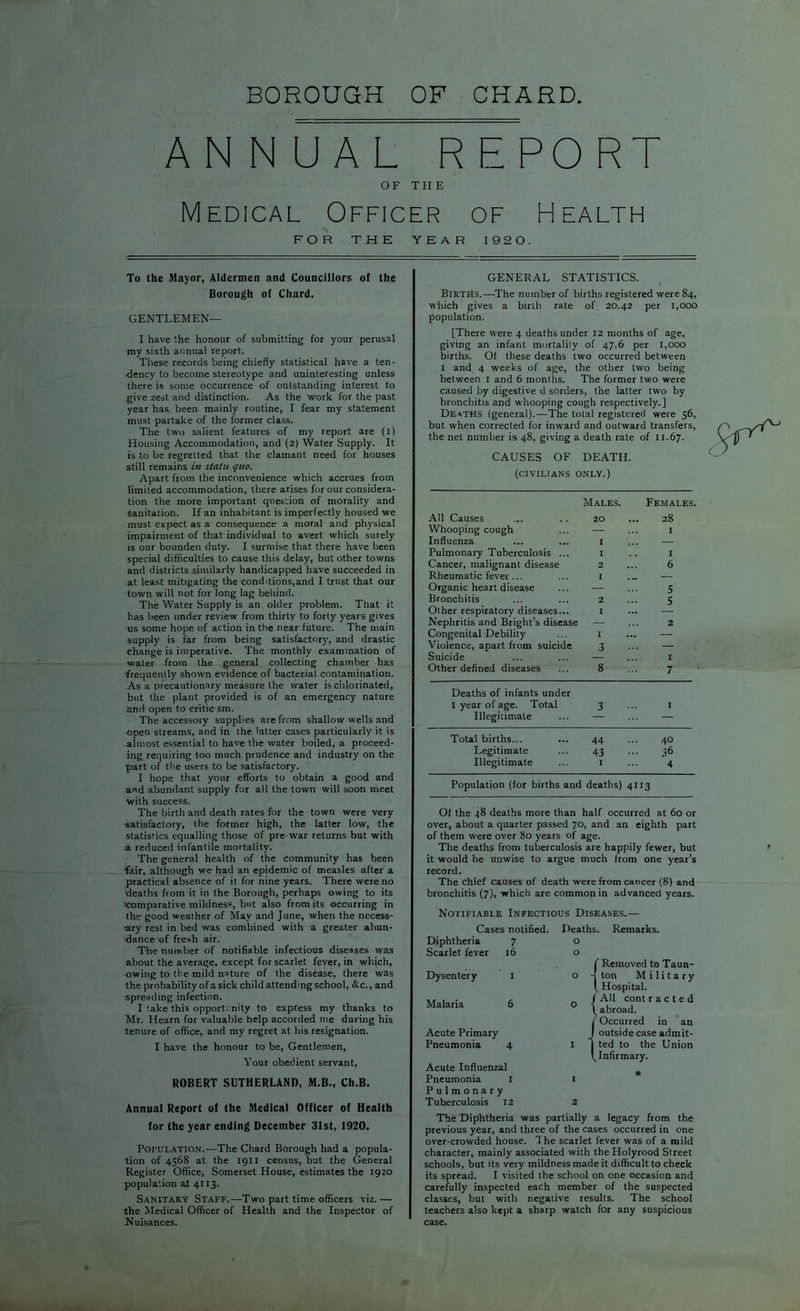 BOROUGH OF CHARD ANNUAL REPORT OF THE Medical Officer of Health FOR THE YEAR 1920. To the Mayor, Aldermen and Councillors of the Borough of Chard. GENTLEMEN— I have the honour of submitting for your perusal my sixth annual report. These records being chiefly statistical have a ten- dency to become stereotype and uninteresting unless there is some occurrence of outstanding interest to give zest and distinction. As the work for the past year has been mainly routine, I fear my statement must partake of the former class. The two salient features of my report are (i) Housing Accommodation, and (2) Water Supply. It is to be regretted that the clamant need for houses still remains in siatit quo. Apart from the inconvenience which accrues from limited accommodation, there arises for our considera- tion the more important question of morality and sanitation. If an inhabitant is imperfectly housed we must expect as a consequence a moral and physical impairment of that individual to avert which surely is our bounden duty. I surmise that there have been special difficulties to cause this delay, but other towns and districts similarly handicapped have succeeded in at least mitigating the conditions,and I trust that our town will not for long lag behind. The Water Supply is an older problem. That it has been under review from thirty to forty years gives us some hope of action in the near future. The main supply is far from being satisfactory, and drastic change is imperative. The monthly examination of water from the general collecting chamber has frequently shown evidence of bacterial contamination. As a precautionary measure the water is chlorinated, but the plant provided is of an emergency nature and open to critic sm. The accessory supplies are from shallow wells and open streams, and in the latter cases particularly it is almost essential to have the water boiled, a proceed- ing requiring too much prudence and industry on the part of the users to be satisfactory. I hope that your efforts to obtain a good and and abundant supply for all the town will soon meet Vvith success. The birth and death rates for the town were very satisfactory, the former high, the latter low, the statistics equalling those of pre-war returns but with a reduced infantile mortality. The general health of the community has been fair, although we had an epidemic of measles after a practical absence of it for nine years. There were no deaths from it in the Borough, perhaps owing to its 'comparative mildness, but also from its occurring in the good weather of May and June, when the necess- ary rest in bed was combined with a greater abun- dance of fresh air. The number of notifiable infectious diseases was about the average, except for scarlet fever, in which, •owing to the mild nature of the disease, there was the probability of a sick child attending school, &c., and spreading infection. I take this opportunity to express my thanks to Mr. Hearn for valuable help accorded me during his tenure of office, and my regret at his resignation. I have the honour to be, Gentlemen, Your obedient servant, ROBERT SUTHERLAND, M.B., Ch.B. Annual Report of the Medical Officer of Health for the year ending December 31st, 1920. Population.—The Chard Borough had a popula- tion of 4568 at the 1911 census, but the General Register Office, Somerset House, estimates the 1920 population at 4113. Sanitary Staff.—Two part time officers viz.— the Medical Officer of Health and the Inspector of Nuisances. GENERAL STATISTICS. Births.—The number of births registered were 84, which gives a birth rate of 20.42 per 1,000 population. [There were 4 deaths under 12 months of age, giving an infant mortality of 47.6 per 1,000 births. Of these deaths two occurred between 1 and 4 weeks of age, the other two being between 1 and 6 months. The former two were caused by digestive d sorders, the latter two by bronchitis and whooping cough respectively.] Deaths (general).—The total registered were 56, but when corrected for inward and outward transfers, the net number is 48, giving a death rate of 11.67. CAUSES OF DEATH. (CIVILIANS only.) Males. Females. All Causes 20 28 Whooping cough — I Influenza I — Pulmonary Tuberculosis ... I I Cancer, malignant disease 2 6 Rheumatic fever ... I — Organic heart disease — 5 Bronchitis 2 5 Other respiratory diseases... I Nephritis and Bright’s disease — 2 Congenital Debility I — Violence, aoart from suicide 3 — Suicide I Other defined diseases 8 7 Deaths of infants under I year of age. Total 3 I Illegitimate — — Total births... 44 40 Legitimate 43 36 Illegitimate I 4 Population (for births and deaths) 4113 Of the 48 deaths more than half occurred at 60 or over, about a quarter passed 70, and an eighth part of them were over 80 years of age. The deaths from tuberculosis are happily fewer, but it would be unwise to argue much from one year’s record. The chief causes of death were from cancer (8) and bronchitis (7), which are common in advanced years. Notifiable Infectious Diseases.— Cases notified. Deaths. Remarks. Diphtheria 7 O Scarlet fever 16 O ( Removed to Taun- Dysentery 1 O - J ton Military ( Hospital. Malaria 6 0 1 ( All cont r a c t e d [ abroad. [ Occurred in an Acute Primary J outside case admit- Pneumonia 4 1 1 ted to the Union ^Infirmary. Acute Influenzal Pneumonia I I * Pulmonary Tuberculosis 12 2 The Diphtheria was partially a legacy from the previous year, and three of the cases occurred in one over-crowded house. The scarlet fever was of a mild character, mainly associated with the Holyrood Street schools, but its very mildness made it difficult to check its spread. I visited the school on one occasion and carefully inspected each member of the suspected classes, but with negative results. The school teachers also kept a sharp watch for any suspicious case.