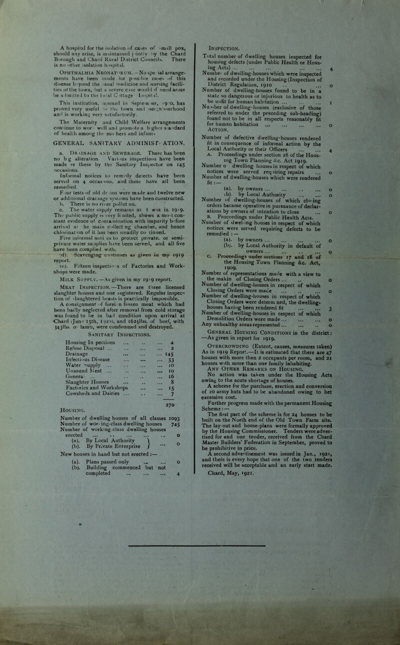 A hospilal for the isolation of ca-es of -m ill pox, should any arise, is in untamed j fintIy oy the Chard Borough and Chard Rural District Councils. There is no other isolation hospital. Ophthalmia Neonatorum. —Nospe ial arrange- ments have been made lor possible ca-es of this disease b yond the sual medicine and nursing facili- ties of the town, but a severe c ise would if need arose be a Imitted to the I ml C >ttage lospit d. This institution, opened in September, 19 'O, has proved very useful o the town and neighbourhood and is working very satisfactorily. The Maternity and Child Welfare arrangements cominue to wor well and promote a h gher saudard of health among the mo hers and infants GENERAL SANITARY ADMINISTRATION. a. Dtt iINAge and Sewerage. There has been no b g alteration Various inspections have been made re these by the Sanitary Inspector on 145 occasions. Informal notices to remedy delects have been served on 4 occas ons, and these have all been remedied. Four tests of old dr ins were mtde and twelve new or additional drainage systems have been constructed. b. There is no river pollut on. c. The water supply remains as t was in 1919. The public supply is very li nited, shows a mo-t con- stant evidence of contamination with impurity before arrival ai he main collect ng chamber, and hence chlorinat on of it has been steadily co tinued. Five informal noli es to protect private, or semi- private water su nplies have been served, and all five have been complied with. (cl). Scavenging continues as given in my 1919 report. (e). Fifteen inspectm s of Factories and Work- shops were made. Milk Supply.—As given in my 1919 report. Meat Inspection.—There are three licensed slaughter houses and one registered. Regular inspec- tion of -laughtered beasts is practically impossible. A consignment .if forei n frozen meat which had been badly neglected after removal from cold storage was found to be in bad condition upon arrival at Chard ijun- 15th, 1020), and l62ilbs. of beef, with J43lbs oi lamb, were condemned and destroyed. Sanitary Inspections. Housing In pections a Refuse Disposal ... 2 Drainage ... 145 Infectious Disease ... - S3 Water supply ... ... 10 Unsound Meat ... ... 10 Genera ... ... 16 Slaughter Houses ... 8 Factories and Workshops ... 15 Cowsheds and Dairies ... Housing. ... 7 270 Number of dwelling houses of all classes 1093 Number of wor ing-class dwelling houses 745 Number of working-class dwelling houses erected ... -. ... ... .. o (a) . By Local Authority \ (b) . By Private Enterprise J * 0 New houses in hand but not erected :— (a) . Plans passed only ._ ... o (b) . Building commenced but not completed ... ... ... 4 Inspection. Total number of dwelling houses inspected for housing defects (under Public Health or Hous- ing Acts) 4 Numbei of dwelling-houses which were inspected and recorded under the Housing (Inspection of District Regulation, 1910 .. ... o Number of dwelling-houses found to be in a state so dangerous or injurious to health as to be unfit for human habitation ... ... ... 1 Number of dwelling-houses (exclusive of those referred to under the preceding sub-heading) found not to be in all respects reasonably fit for human habitation ... ... ... ... o Action. Number of defective dwelling-houses rendered fit in consequence of informal action by the Local Authority or their Officers a. Proceedings under section 28 of the Hous- ing Town Planning vVc. Act 1919. Number o dwelling houses in respect of which notices were served req firing repairs Number of dwelling-houses which were rendered fit : — (a), by owners ... ib). by Local Authority Number of dwelling-houses of which clo-ing orders became operative in pursuance of declar- ations by owners of intention to close B. Proceedings under Public Health Acts. Number of dwel ing houses in respect of which notices were served requiring defects to be remedied : — (a), by owners ... (b;. by Local Authority in default of owners... C. Proceedings under sections 17 and 18 of the Housing Town Planning &c. Act, 1909- Number of representations made with a view to the makin of Closing Orders ... Number of dwelling-houses in respect of which Closing Orders were made Number of dwelling-houses in respect of which Closing Orders were determ ned, the dwelling- houses having been rendered fit Number of dwelling-houses in respect of which Demolition Orders were made ... ... ... Any unhealthy areas represented ... 4 o o o o o o o o 3 o o General Housing Conditions in the district: —As given in report for 1919. Overcrowding (Extent, causes, measures taken) As in 1919 Report.—It is estimated that there are 47 houses with more than 2 occupants per room, and 21 houses with more than one family inhabiting. Any Other Remarks on Housing, No action was taken under the Housing Acts owing to the acute shortage of houses. A scheme for the purchase, erection and conversion of 20 army huts had to be abandoned owing to het excessive cost. Further progress made with the permanent Housing Scheme:— The first part of the scheme is for 24 houses to be built on the North end of the Old Town Farm site. The lay-out and house-plans were formally approved by the Housing Commissioner. Tenders were adver- tised for and one tender, received from the Chard Master Builders’ Federation in September, proved to be prohibitive in price. A second advertisement was issuedin Jan., i92t, and there is every hope that one of the two tenders received will be acceptable and an early start made. Chard, May, 1921.