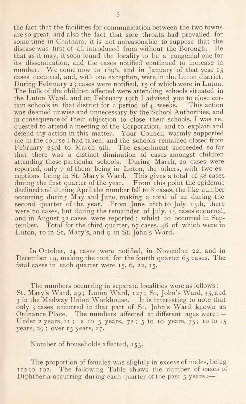 the fact that the facilities for communication between the two towns are so great, and also the fact that sore throats had prevailed for some time in Chatham, it is not unreasonable to suppose that the disease was first of all introduced from without the Borough. Be that as it may, it soon found the locality to be a congenial one for its dissemination, and the cases notified continued to increase in number. We come now to 1896, and in January of that year 15 cases occurred, and, with one exception, were in the Luton district. During February 23 cases were notified, 15 of which were in Luton. The bulk of the children affected were attending schools situated in the Luton Ward, and on February 19th I advised you to close cer- tain schools in that district for a period of 4 weeks. This action was desmed unwise and unnecessary by the School Authorities, and in consequence of their objection to close their schools, I was re- quested to attend a meeting of the Corporation, and to explain and defend my action in this matter. Your Council warmly supported me in the course I had taken, and the schools remained closed from February 23rd to March 9th. The experiment succeeded so far that there was a distinct diminution of cases amongst children attending these particular schools. During March, 20 cases were reported, only 7 of them being in Luton, the others, with two ex- ceptions being in St. Mary’s Ward. This gives a total of 58 cases during the first quarter of the year. From this point the epidemic declined and during April the number fell to 8 cases, the like number occurring during May and June, making a total of 24 during the second quarter of the year. From June 28th to July 13th, there were no cases, but during the remainder of July, 15 cases occurred, and in August 32 cases were reported ; whilst 20 occurred in Sep- tember. Total for the third quarter, 67 cases, 48 of which were in Luton, 10 in St. Mary’s, and 9 in St. John’s Ward. In October, 24 cases were notified, in November 22, and in December 19, making the total for the fourth quarter 65 cases. The fatal cases in each quarter were 15, 6, 22, 15. The numbers occurring in separate localities were as follows — St. Mary’s Ward, 49; Luton Ward, 127; St, John’s Ward, 35, and 3 in the Medway Union Workhouse. It is interesting to note that only 3 cases occurred in that part of St. John’s Ward known as Ordnance Place. The numbers affected at different ages were : — Under 2 years, ii ; 2 to 5 years, 72 ; 5 to 10 years, 75; 10 to 15 years, 29 ; over r5 years, 27. Number of households affected, 153. The proportion of females was slightly in excess of males, being ii2to 102. The following Table shows the number of cases of Diphtheria occurring during each quarter of the past 5 years:—