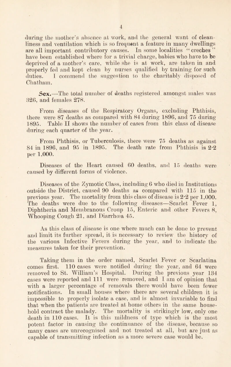 (luring tlio mother’s absence at work, and the general want of clean- liness and ventilation which is so frequent a feature in many dwellings are all important contributory causes. In some localities ^‘creches ” have been established where for a trivial charge, babies who have to be deprived of a mother’s care, while she is at work, are taken in and properly fed and kept clean by nurses qualified by training for such duties. 1 commend the suggestion to the charitably disposed of Chatham. Sex.—The total number of deaths registered amongst males was 326, and females 278. From diseases of the Respiratory Organs, excluding Phthisis, there were 87 deaths as compared with 84 during 1896, and 75 during 1895. Table II shows the number of cases from this class of disease during each quarter of the year. From Phthisis, or Tuberculosis, there were 75 deaths as against 84 in 1896, and 95 in 1895. The death rate from Phthisis is 2*2 per 1,000. Diseases of the Heart caused 60 deaths, and 15 deaths wnre caused by different forms of violence. Diseases of the Zymotic Class, including 6 who died in Institutions outside the District, caused 90 deaths as compared with 115 in the previous year. The mortality from this class of disease is 2*2 per 1,000. The deaths were due to the following diseases—Scarlet Fever 1, Diphtheria and Membranous Croup 15, Enteric and other Fevers 8, Whooping Cough 21, and Diarrhoea 45. As this class of disease is one where much can be done to prevent and limit its further spread, it is necessary to review the history of the various Infective Fevers during the year, and to indicate the measures taken for their prevention. Taking them in the order named. Scarlet Fever or Scarlatina comes first. 110 cases were notified during the year, and 64 were removed to St. William’s Hospital. During the previous year 134 cases were reported and 111 were removed, and I am of opinion that with a larger percentage of removals there would have been fewer notifications. In small houses where there are several children it is impossible to properly isolate a case, and is almost invariable to find that when the patients are treated at home others in the same house- hold contract the malady. The mortality is strikingly low, only one death in 110 cases. It is this mildness of type which is the most potent factor in causing the continuance of the disease, because so many cases are unrecognised and not treated at all, but are just as capable of transmitting infection as a more severe case would be.
