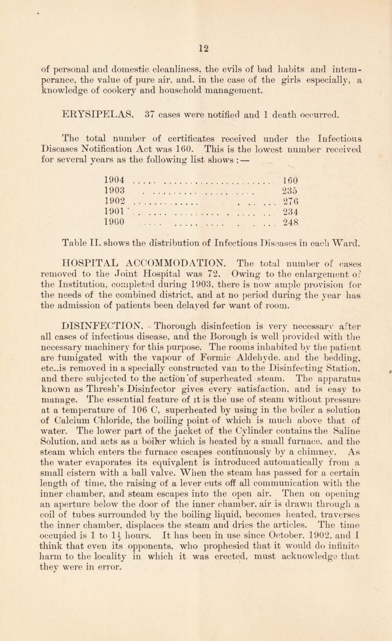 of personal and domestic cleanliness, the evils of bad habits and intem- perance, the value of pure air, and, in the case of the girls especially, a knowledge of cookery and household management. ERYSIPEI.AS. 37 cases were notified and 1 death occurred. The total number of certificates received under the Infectious Diseases Notification Act was 160. This is the lowest number received for several years as the following list shows : — 1904 160 1903 235 1902 276 1901 ' 234 1900 248 Table II. shows the distribution of Infectious Diseases in each Ward. HOSPITAL ACCOMMODATION. The total number of cases removed to the Joint Hospital was 72. Owing to the enlargement of the Institution, completed during 1903, there is now ample provision for the needs of the combined district, and at no period during the year has the admission of patients been delayed for want of room. DISINFECTION. - Thorough disinfection is very necessary after all cases of infectious disease, and the Borough is well provided with the necessary machinery for this purpose. The rooms inhabited by tlie patient are fumigated with the vapour of Formic Aldehyde, and the bedding, etc..is removed in a specially constructed van to the Disinfecting Station, and there subjected to the action*of superheated steam. The apparatus known as Thresh’s Disinfector gives every satisfaction, and is easy to manage. The essential feature of it is the use of steam without pressure at a temperature of 106 C, superheated by using in the boiler a solution of Calcium Chloride, the boiling point of which is much above that of water. The lower part of the j aeket of the Cylinder contains the Saline Solution, and acts as a boiler which is heated by a small furnace, and the steam which enters the furnace escapes continuously by a chimney. As the water evaporates its equivalent is introduced automatically from a small cistern with a ball valve. When the steam has passed for a certain length of time, the raising of a lever cuts off all communication with the inner chamber, and steam escapes into the open air. Then on opening an aperture below the door of the inner chamber, air is drawn through a coil of tubes surrounded by the boiling liquid, becomes heated, traverses the inner chamber, displaces the steam and dries the articles. The time occupied is 1 to 1^ hours. It has been in use since October. 1902, and I think that even its opponents, who prophesied that it would do infinite harm to the locality in which it was erected, must acknowledge that they were in error.