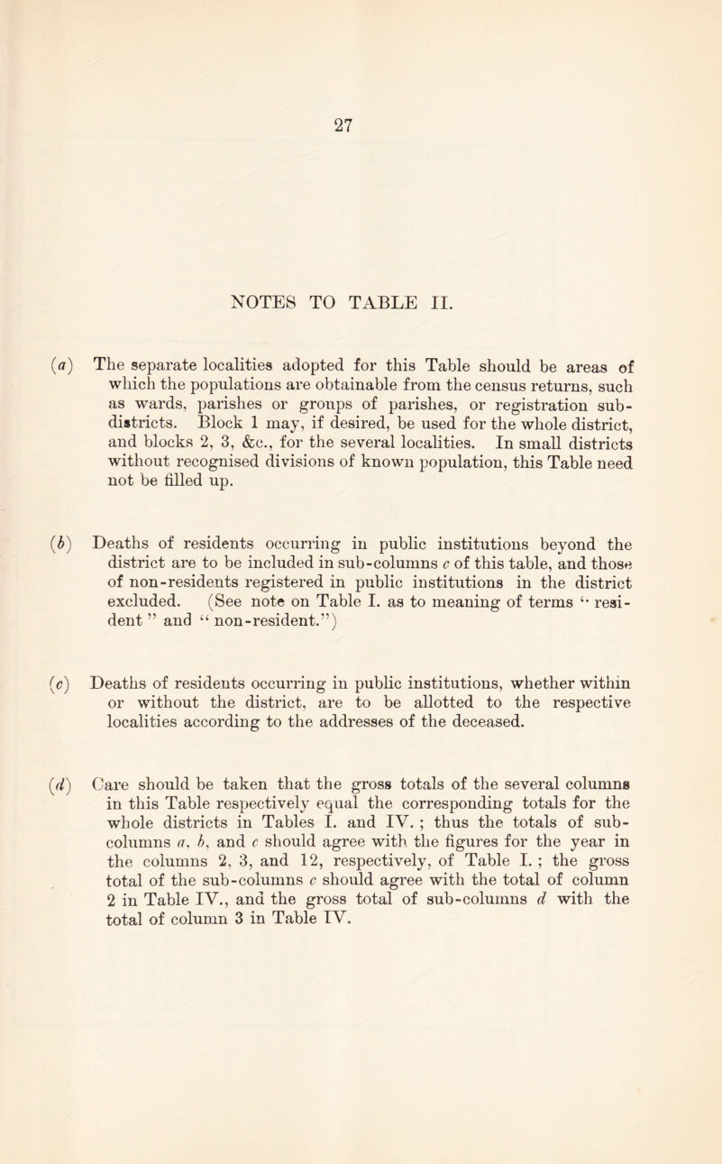 NOTES TO TABLE II. {a) The separate localities adopted for this Table should be areas of which the populations are obtainable from the census returns, such as wards, parishes or groups of parishes, or registration sub- districts. Block 1 may, if desired, be used for the whole district, and blocks 2, 3, &c., for the several localities. In small districts without recognised divisions of known population, this Table need not be filled up. {b) Deaths of residents occurring in public institutions beyond the district are to be included in sub-columns c of this table, and those of non-residents registered in public institutions in the district excluded. (See note on Table I. as to meaning of terms resi- dent ” and non-resident.”) (<?) Deaths of residents occurring in public institutions, whether within or without the district, are to be allotted to the respective localities according to the addresses of the deceased. (^) Care should be taken that the gross totals of the several columns in this Table respectively equal the corresponding totals for the whole districts in Tables I. and IV. ; thus the totals of sub- columns a, h, and c should agree with the figures for the year in the columns 2, 3, and 12, respectively, of Table I. ; the gross total of the sub-columns c should agree with the total of column 2 in Table IV., and the gross total of sub-columns d with the total of column 3 in Table IV.