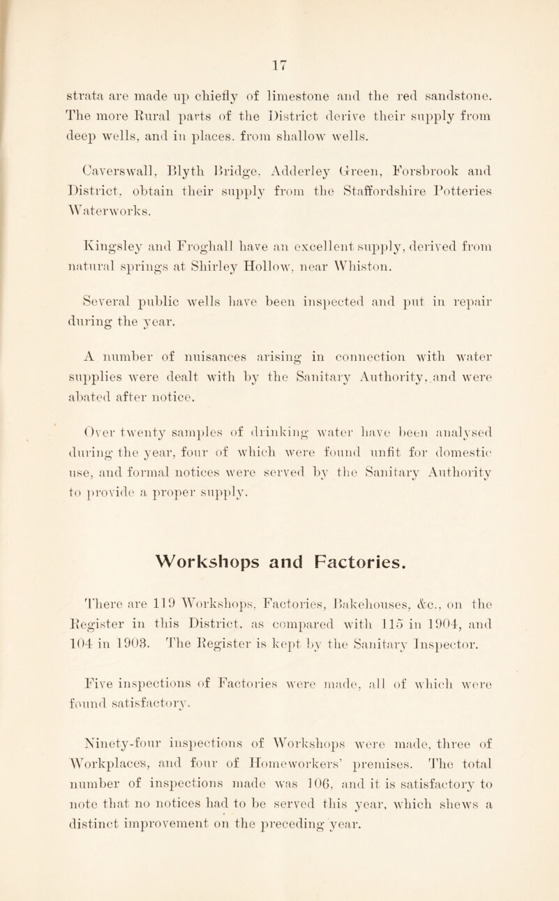 strata are made up chiefly of limestone and the red sandstone. The more Rural parts of the District deidve their snp23ly from deep wells, and in places, from shallow wells. Caverswall, Blyth Bridge. Adderley Green, Forshrook and District, obtain their supply from the Staffordshire Potteries AVaterworks. Kingsley and Froghall have an excellent supply, derived from natural springs at Shirley Hollow, near Whiston. Several public wells have been inspected and pnt in repair during the year. A nnmher of nnisances arising in connection with water supplies were dealt with h}^ the Sanitaiy Authority,.and were abated after notice. Over twenty samples of drinking water have been analysed during the year, four of which were found unfit for domestic use, and formal notices were served by the Sanitary Authority to provide a 2')roper supply. Workshops and Factories. d'here are 119 AVorksliops, Factories, Rakehouses, &c., on the Register in this District, as compared with 115 in 190-1, ami 104 in 1903. The Register is kept l>y the Sanitary Inspector. Five inspections of Factories were made, all of which were found satisfactory. Ninety-four inspections of AA^orkshops were made, three of AVorkplaces, and four of Homeworkers’ premises. 44ie total number of inspections made was 106, and it is satisfactory to note that no notices had to he served this year, which shews a distinct improvement on the preceding year.