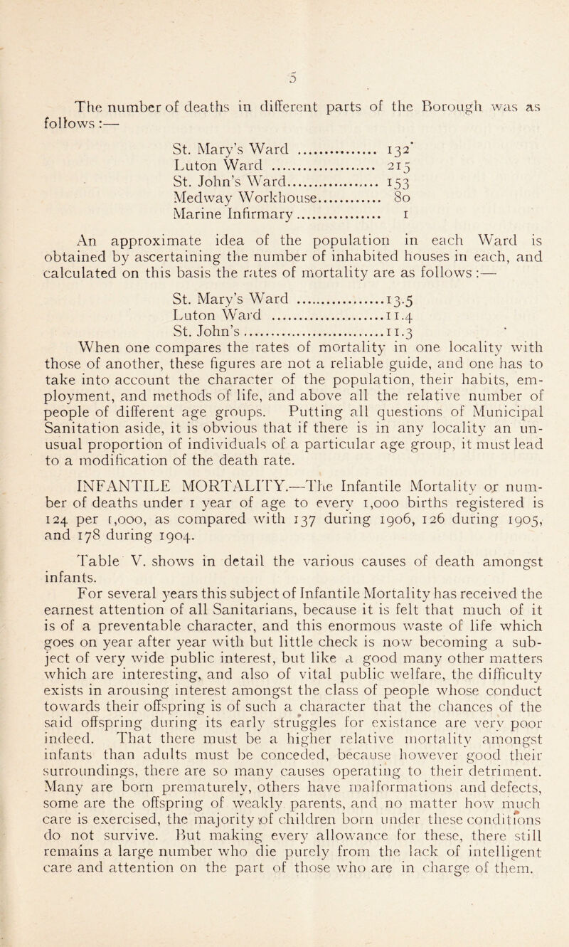 follows:— St. Mary’s Ward 132* Luton Ward 215 St. John’s Ward 153 Medway Workhouse 80 Marine Infirmary 1 x\n approximate idea of the population in each Ward is obtained by ascertaining the number of inhabited houses in each, and calculated on this basis the rates of mortality are as follows:— St. Mary’s Ward 13.5 Luton Ward 11.4 St. John’s 11.3 When one compares the rates of mortality in one locality with those of another, these figures are not a reliable guide, and one has to take into account the character of the population, their habits, em- ployment, and methods of life, and above all the relative number of people of different age groups. Putting all questions of Municipal Sanitation aside, it is obvious that if there is in any locality an un- usual proportion of individuals of a particular age group, it must lead to a modification of the death rate. INFANTILE MORTALITY.—The Infantile Mortality or num- ber of deaths under 1 year of age to every 1,000 births registered is 124 per r,ooo, as compared with 137 during 1906, 126 during 1905, and 178 during 1904. Table V. shows in detail the various causes of death amongst infants. For several years this subject of Infantile Mortality has received the earnest attention of all Sanitarians, because it is felt that much of it is of a preventable character, and this enormous waste of life which goes on year after year with but little check is now becoming a sub- ject of very wide public interest, but like a good many other matters which are interesting, and also of vital public welfare, the difficulty exists in arousing interest amongst the class of people whose conduct towards their offspring is of such a character that the chances of the said offspring during its early struggles for existance are very poor indeed. That there must be a higher relative mortality amongst infants than adults must be conceded, because however good their surroundings, there are so many causes operating to their detriment. Many are born prematurely, others have malformations and defects, some are the offspring of weakly parents, and no matter how much care is exercised, the majority lof children born under these conditions do not survive. But making every allowance for these, there still remains a large number who die purely from the lack of intelligent care and attention on the part of those who are in charge of them.