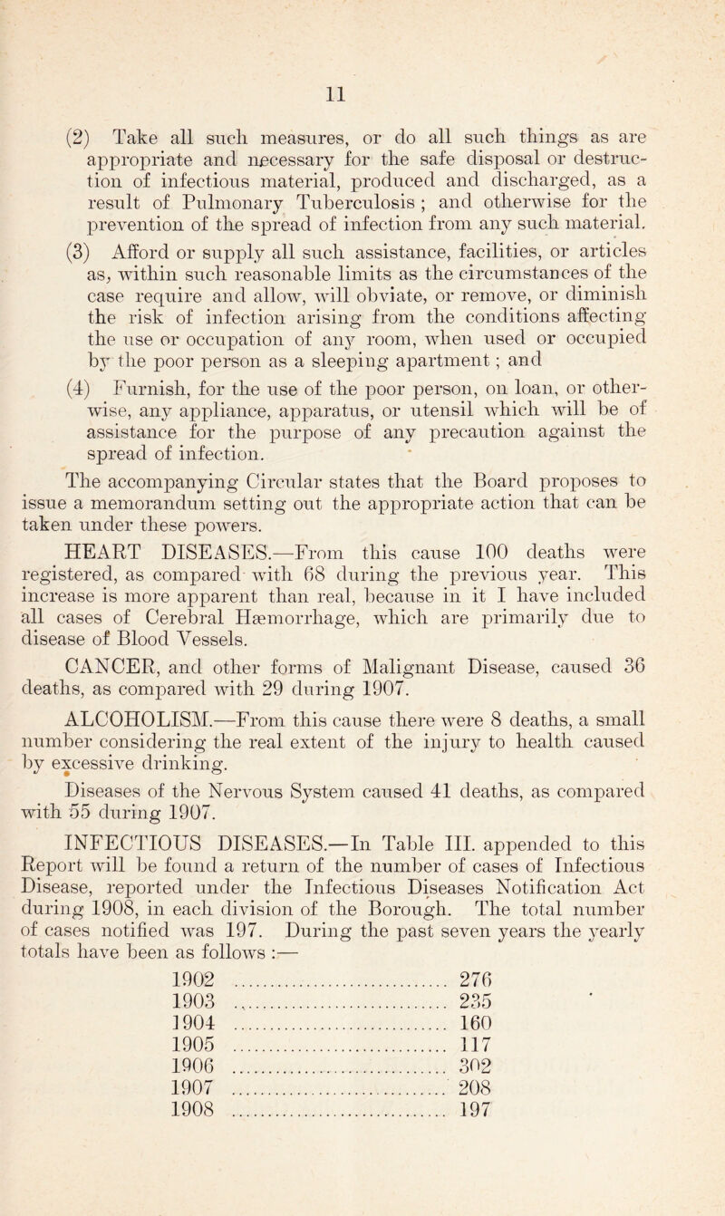 (2) Take all siicli measures, or do all such things as are appropriate and necessary for the safe disposal or destruc- tion of infectious material, produced and discharged, as a result of Pulmonary Tuberculosis ; and otherwise for the prevention of the spread of infection from any such material, (3) Alford or supply all such assistance, facilities, or articles aS; within such reasonable limits as the circumstances of the case recj^uire and allow, will obviate, or remove, or diminish the risk of infection arising from the conditions affecting the use or occupation of aii}^ room, when used or occupied b}' the poor person as a sleeping apartment; and (4) Furnish, for the use of the poor person, on loan, or other- wise, any appliance, apparatus, or utensil which will be of assistance for the purpose of any precaution against the spread of infection. The accompanying Circular states that the Board proposes to issue a memorandum setting out the appropriate action that can be taken under these powers. HEART DISEASES.—From this cause 100 deaths were registered, as compared with 68 during the previous year. This increase is more apparent than real, because in it I have included all cases of Cerebral Haemorrhage, which are primarily due to disease of Blood Vessels. CANCER, and other forms of Malignant Disease, caused 36 deaths, as comj^ared with 29 during 1907. ALCOHOLISM.—From this cause there were 8 deaths, a small number considering the real extent of the injury to health caused by excessive drinking. Diseases of the Nervous System caused 41 deaths, as compared with 55 during 1907. INFECTIOUS DISEASES.—In Table HI. appended to this Report will be found a return of the number of cases of Infectious Disease, reported under the Infectious Diseases Notification Act during 1908, in each division of the Borough. The total number of cases notified was 197. During the past seven years the yearly totals have been as follows :— 1902 276 1903 235 1904 160 1905 117 1906 302 1907 '208 1908 197