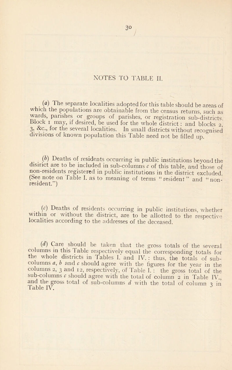 NOTES TO TABLE II. ^ {a) The separate localities adopted for this table shoidd be areas of which the popidations are obtainable from the census returns, such as wards, parishes or groups of parishes, or registration sub-districts. Block I may, if desired, be used for the whole district : and blocks 2, 3, &c., for the several localities. In small districts without recoo'nised divisions of known population this Table need not be filled up. _ _ {h) Deaths of residents occurring in public institutions beyond the disirict are to be included in sub-columns c of this table, and those of non-residents registered in public institutions in the district excluded. (See note on Fable I. as to meaning of terms “resident ” and “non- resident.”) (c) Deaths of residents occurring in public institutions, whether within or without the district, are to be allotted to the respective localities according to the addresses of the deceased. {d) Care should be taken that the gross totals of the several columns in this Fable respectively equal the corresponding totals for the whole districts in Tables I. and IV. : thus, the totals of sub- columns a, h and c should agree with the figures for the year in the columns 2, 3 and 12, respectively, of d'able I. : the gross total of the sub-columns c should agree with the total of column 2 in Table IV., and the gross total of sub-columns d with the total of column ^ in Table IV. ^