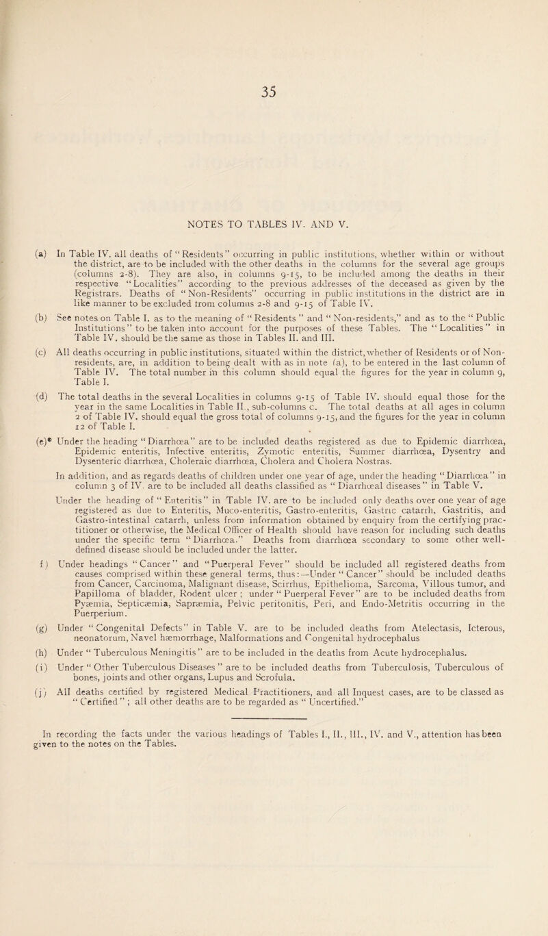 NOTES TO TABLES IV. AND V. (a) In Table IV. all deaths of “Residents” occurring in public institutions, whether within or without the district, are to be included with the other deaths in the columns for the several age groups (columns 2-8). They are also, in columns 9-15, to be included among the deaths in their respective “Localities” according to the previous addresses of the deceased as given by the Registrars. Deaths of “Non-Residents” occurring in public institutions in the district are in like manner to be excluded trom columns 2-8 and 9-15 of Table IV. (b) See notes on Table I. as to the meaning of “ Residents ” and “ Non-residents,” and as to the “ Public Institutions” to be taken into account for the purposes of these Tables. The “Localities” in Table IV. should be the same as those in Tables II. and III. (c) All deaths occurring in public institutions, situated within the district, whether of Residents or of Non- residents, are, in addition to being dealt with as in note fa), to be entered in the last column of Table IV. The total number in this column should equal the figures for the year in column g. Table I. (d) The total deaths in the several Localities in columns 9-15 of Table IV. should equal those for the year in the same Localities in Table II., sub-columns c. The total deaths at all ages in column 2 of Table IV. should equal the gross total of columns 9-15, and the figures for the year in column 12 of Table I. (e) * Under the heading “ Diarrhma” are to be included deaths registered as due to Epidemic diarrhcea. Epidemic enteritis. Infective enteritis. Zymotic enteritis. Summer diarrhoea, Dysentry and Dysenteric diarrhoea. Choleraic diarrhoea. Cholera and Cholera Nostras. In addition, and as regards deaths of children under one year of age, under the heading “Diarrhoea” in columm 3 of IV. are to be included all deaths classified as “ Diarrhoeal diseases” in Table V. Linder the heading of “ Enteritis” in Table IV. are to be in( luded only deaths over one year of age registered as due to Enteritis, iMuco-enteritis, Gastro-enteritis, Gastric catarrh. Gastritis, and Gastro-intestinal catarrh, unless from information obtained by enquiry from the certifying prac- titioner or otherwise, the Medical Officer of Health should have reason for including such deaths under the specific term “Diarrhoea.” Deaths from diarrhoea secondary to some other well- defined disease should be included under the latter. f) Linder headings “Cancer” and “Puerperal Fever” should be included all registered deaths from causes comprised within these general terms, thus:—Linder “ Cancer” should be included deaths from Cancer, Carcinoma, Malignant disease, Scirrhus, Epithelioma, Sarcoma, Villous tumor, and Papilloma of bladder, Rodent ulcer; under “ Puerperal Fever ” are to be included deaths from Pyremia, Septicaemia, Sapraemia, Pelvic peritonitis. Peri, and Endo-Metritis occurring in the Puerperium. (g) Under “Congenital Defects” in Table V. are to be included deaths from Atelectasis, Icterous, neonatorum. Navel haemorrhage. Malformations and Congenital hydrocephalus (h) Under “ Tuberculous Meningitis” are to be included in the deaths from Acute hydrocephalus. (i) Under “ Other Tuberculous Diseases ” are to be included deaths from Tuberculosis, Tuberculous of bones, joints and other organs. Lupus and Scrofula. (j) All deaths certified by registered Medical Practitioners, and all Inquest cases, are to be classed as “ Certified” ; all other deaths are to be regarded as “ Uncertified.” In recording the facts under the various headings of Tables I., II., III., IV. and V., attention has been given to the notes on the Tables.