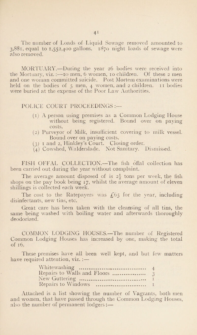 I'be number of Loads of Liquid Sewage removed amounted to 3,881, equal to 1,552,300 gallons. 1870 night loads of sewage were also removed. IMORd'UARY.—During the year 26 bodies wmre received into the Mortuary, viz.:—10 men, 6 wmmen, 10 children. Of these 2 men and one wminari committed suicide. Post Mortem examinations were held on the bodies of 5 men, 4 wmmen, and 2 children. 11 bodies were buried at the expense of the Poor Law’ Authorities. POLICE COURT PROCEEDINGS (1) A person using premises as a Common Lodging Llouse wdthout being registered. Bound over on paying costs. (2) Purveyor of Milk, insuflicient covering to milk vessel. Bound over on paying costs. (3j I and 2, Hinkley’s Court. Closing order. (4) Cowshed, Walderslade. Not Sanitary. Dismissed. FISH OFFAL COLLECITON.—The hsh offal collection has been carried out during the year wdthout complaint. The average amount disposed of is 2^ tons per wm'ek, the hsh shops on the pay book being 17, whilst the average amount of eleven shillings is collected each week. The cost to the Ratepayers wms £6j for the year, including disinfectants, new tins, etc. Great care has been taken with the cleansing of all tins, the same being wmshed wdth boiling water and afterwards thoroughly deodorized. COMMON LODGING HOUSES.—The number of Registered Common Lodging Houses has increased by one, making the total of 16. These premises have all been well kept, and but few^ matters have required attention, viz. :— Whitewmshing 4 Repairs to Walls and Floors 3 New^ Guttering i Repairs to Windows i Attached is a list showing the number of Vagrants, both men and women, that liave passed through the Common Lodging Houses, also the number of permanent lodgers:—