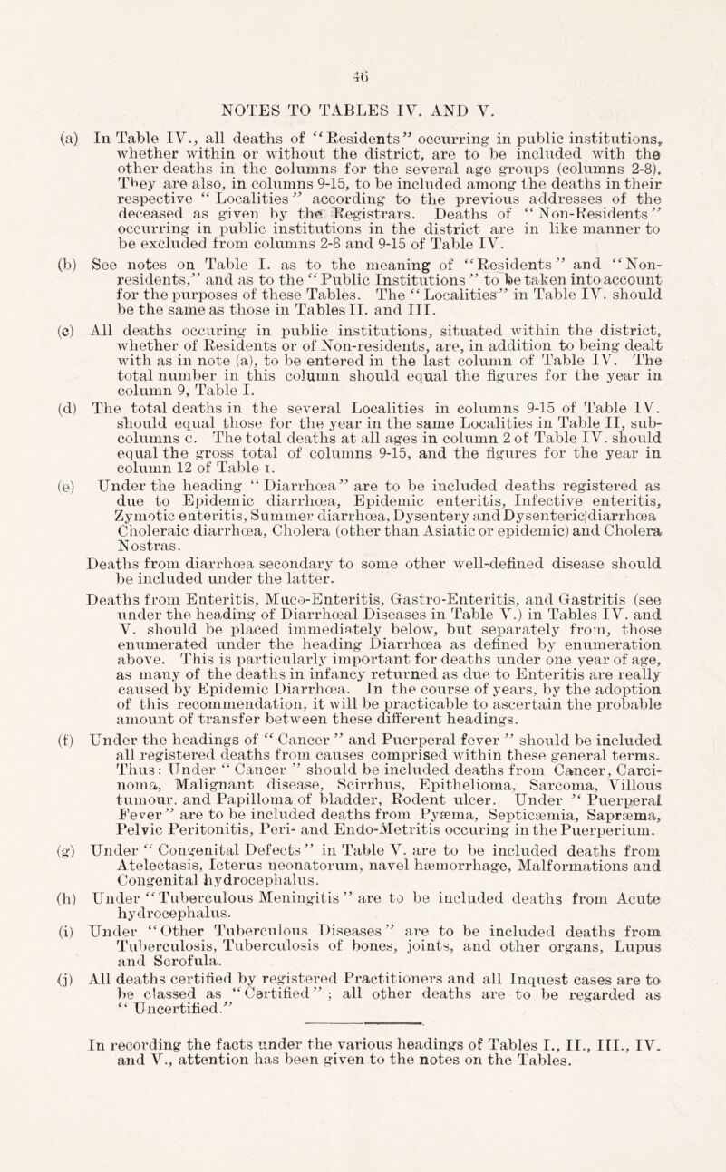 NOTES TO TABLES IV. AND V. (a) In Table IV., all deaths of Residents occurring- in public institutions, whether within or without the district, are to be included with the other deaths in the columns for the several age groups (columns 2-8). T6ey are also, in columns 9-15, to be included among the deaths in their respective “ Localitiesaccording to the previous addresses of the deceased as given by the Registrars. Deaths of Non-Residents occurring in public institutions in the district are in like manner to be excluded from columns 2-8 and 9-15 of Table IV. (b) See notes on Table I. as to the meaning of “^Residents and ^^Non- residents,'’'’ and as to the ^Public Institutions'’'’ to betaken into account for the purposes of these Tables. The ‘^‘Localities’'’ in Table IV. should be the same as those in Tables II. and III. (c) All deaths occuring in public institutions, situated within the district, whether of Residents or of Non-residents, are, in addition to being dealt with as in note (a), to be entered in the last column of Table IV. The total number in this column should equal the figures for the year in column 9, Table I. (d) The total deaths in the several Localities in columns 9-15 of Table IV. should equal those for the year in the same Localities in Table II, sub- columns c. The total deaths at all ages in column 2 of Table IV. should equal the gross total of columns 9-15, and the figures for the year in column 12 of Table i. (e) Under the heading “Diarrhoea'*'’ are to be included deaths registered as due to EjDidemic diarrhoea. Epidemic enteritis. Infective enteritis. Zymotic enteritis. Summer diarrhoea, Dysentery andDysentericjdiarrhoea Choleraic diarrhoea. Cholera (other than Asiatic or epidemic) and Cholera Nostras. Deaths from diarrhoea secondary to some other well-defined disease should be included under the latter. Deaths from Enteritis, Muco-Enteritis, Gastro-Enteritis, and Gastritis (see under the heading of Diarrhoeal Diseases in Table V.) in Tables IV. and V. should be placed immediately below, but separately from, those enumerated under the heading Diarrhoea as defined by enumeration above. This is particularly important for deaths under one year of age, as many of the deaths in infancy returned as due to Enteritis are really caused by Epidemic Diarrhoea. In the course of years, by the adoption of this recommendation, it will be practicable to ascertain the probable amount of transfer between these different headings. (t) Under the headings of “ Cancer'” and Puerperal fever '’'’ should be included all registered deaths from causes comprised within these general terms. Thus: Under “ Cancer ” should be included deaths from Cancer, Carci- noma, Malignant disease, Scirrhus, Epithelioma, Sarcoma, Villous tumour, and Papilloma of bladder. Rodent ulcer. Under Puerx)eral Fever*'’ are to be included deaths from Pysema, Septicaemia, Saprsema, Pelvic Peritonitis, Peri- and Endo-Metritis occuring inthePuerperium. (g) Under “ Congenital Defects” in Table V. are to be included deaths from Atelectasis, Icterus neonatorum, navel haemorrhage. Malformations and Congenital hydrocephalus. (h) Under “ Tuberculous Meningitis *'* are to be included deaths from Acute hy d rocephalus. (i) Under “Other Tuberculous Diseases ” are to be included deaths from Tuberculosis, Tuberculosis of bones, joints, and other organs. Lupus and Scrofula. <j) All deaths certified by registered Practitioners and all Inquest cases are to be classed as “Certified” ; all other deaths are to be regarded as “ Uncertified.” In recording the facts under the various headings of Tables I., II., III., IV. and V., attention has been given to the notes on the Tables.