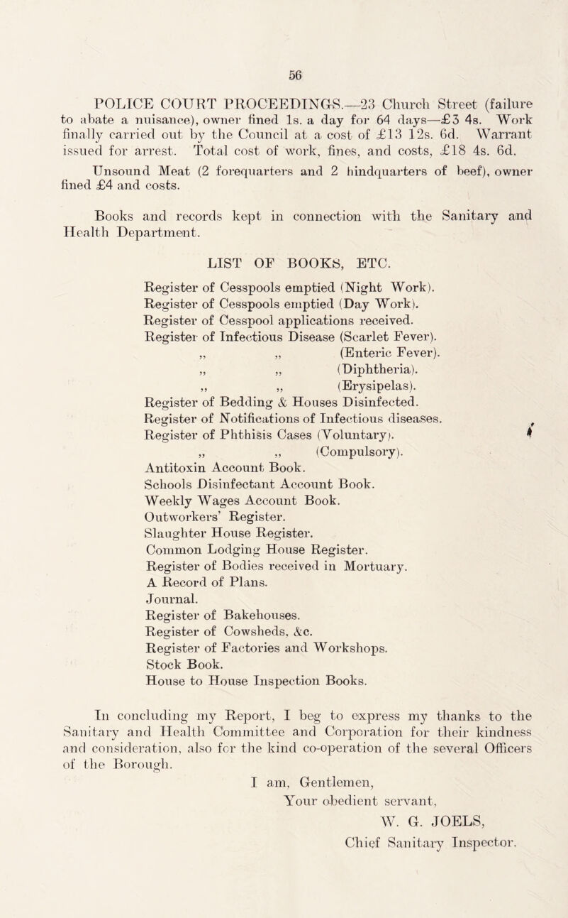 POLICE COURT PROCEEDINGS.—23 Church Street (failure to abate a nuisance), owner fined Is, a day for 64 days—£3 4s. Work finally carried out by the Council at a cost of £13 12s. 6d. Warrant issued for arrest. Total cost of work, fines, and costs, £18 4s. 6d. Unsound Meat (2 forequarters and 2 hindquarters of beef), owner fined £4 and costs. Books and records kept in connection with the Sanitary and Health Department. LIST OF BOOKS, ETC. Register of Cesspools emptied (Night Work). Register of Cesspools emptied (Day Work). Register of Cesspool applications received. Register of Infectious Disease (Scarlet Fever). „ „ (Enteric Fever). „ „ (Diphtheria). ,, „ (Erysipelas). Register of Bedding & Houses Disinfected. Register of Notifications of Infectious diseases. ^ Register of Phthisis Cases (Yoluntary;. ^ „ ,, (Compulsory). Antitoxin Account Book. Schools Disinfectant Account Book. Weekly Wages Account Book. Outworkers’ Register. Slaughter House Register. Common Lodging House Register. Register of Bodies received in Mortuary. A Record of Plans. Journal. Register of Bakehouses. Register of Cowsheds, &c. Register of Factories and Workshops. Stock Book. House to House Inspection Books. In concluding my Report, I beg to e'xpress my thanks to the Sanitary and Health Committee and Corporation for their kindness and consideration, also for the kind co-operation of the several Officers of the Borough. I am, Gentlemen, Y^our obedient seiwant, W. G. JOELS, Chief Sanitary Inspector.