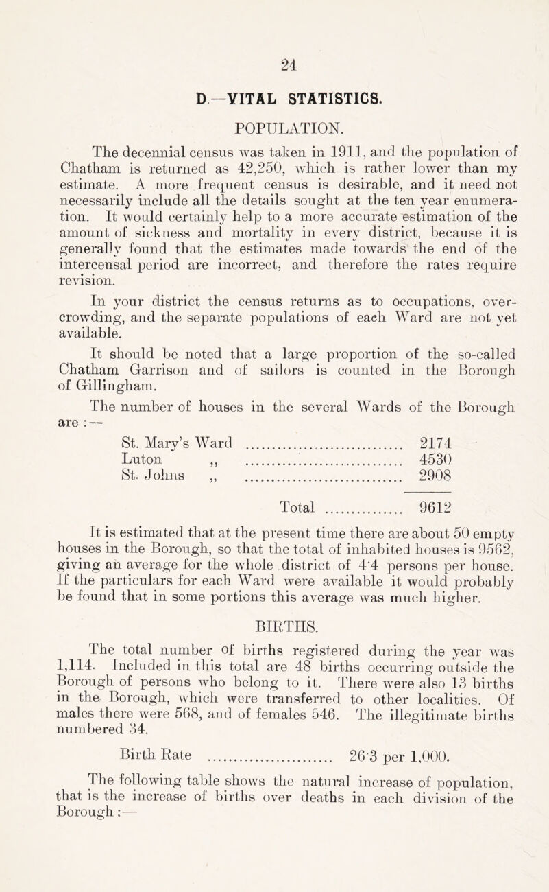 D —VITAL STATISTICS. POPULATION. The decennial census A¥as taken in 1911, and the population of Chatham is returned as 42,250, which is rather lower than my estimate. A more frequent census is desirable, and it need not necessarily include all the details sought at the ten year enumera- tion. It would certainly help to a more accurate estimation of the amount of sickness and mortality in every district, because it is generally found that the estimates made towards the end of the intercensal period are incorrect, and therefore the rates require revision. In your district the census returns as to occupations, over- crowding, and the separate populations of each Ward are not yet available. It should be noted that a large proportion of the so-called Chatham Garrison and of sailors is counted in the Borough of Gillingham. The number of houses in the several Wards of the Borough are : — St. Mary’s Ward 2174 Luton ,, 4530 St. Johns ,, 2908 Total 9612 It is estimated that at the present time there are about 50 empty houses in the Borough, so that the total of inhabited houses is 9562, giving an average for the whole district of 4'4 persons per house. If the particulars for each Ward were available it would probably be found that in some portions this average was much higher. BIRTHS. The total number of births registered during the year was 1,114. Included in this total are 48 births occurring outside the Borough of persons who belong to it. There were also 13 births in the Borough, which were transferred to other localities. Of males there were 568, and of females 546. The illegitimate births numbered 34. Birth Rate 26 3 per 1,000. The following table shows the natural increase of population, that is the increase of births over deaths in each division of the Borough