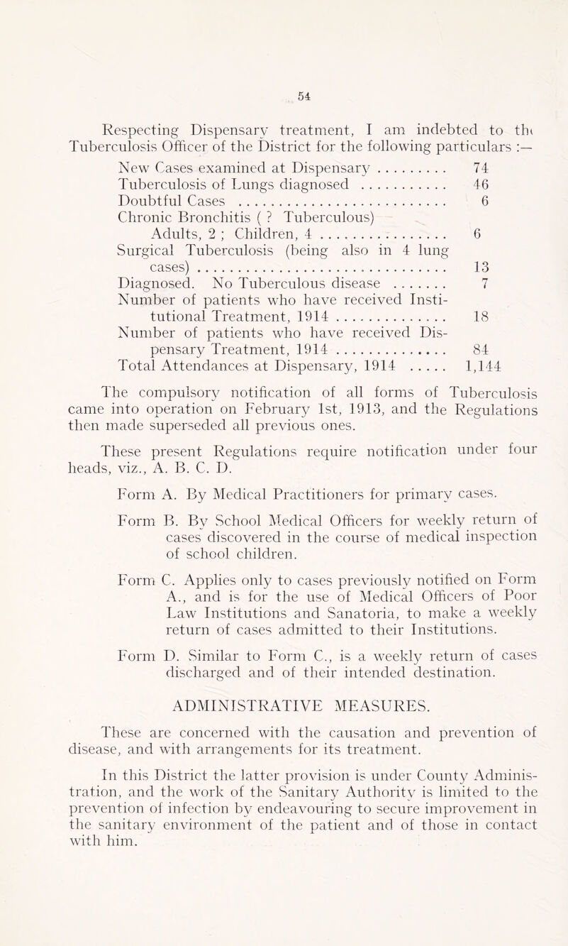 Respecting Dispensary treatment, I am indebted to the Tuberculosis Officer of the District for the following particulars New Cases examined at Dispensary 74 Tuberculosis of Lungs diagnosed 46 Doubtful Cases 6 Chronic Bronchitis ( ? Tuberculous) Adults, 2 ; Children, 4 6 Surgical Tuberculosis (being also in 4 lung cases) 13 Diagnosed. No Tuberculous disease 7 Number of patients who have received Insti- tutional Treatment, 1914 18 Number of patients who have received Dis- pensary Treatment, 1914 84 Total Attendances at Dispensary, 1914 1,144 The compulsory notification of all forms of Tuberculosis came into operation on February 1st, 1913, and the Regulations then made superseded all previous ones. These present Regulations require notiheation under four heads, viz., A. B. C. D. Form A. By Medical Practitioners for primary cases. Form B. By vSehool Medical Officers for weekly return of cases discovered in the course of medical inspection of school children. Form C. Applies only to cases previously notified on Form A., and is for the use of Medical Officers of Poor Law Institutions and Sanatoria, to make a weekly return of cases admitted to their Institutions. Form D. vSimilar to Form C., is a weekly return of cases discharged and of their intended destination. ADMINISTRATIVE MEASURES. These are concerned with the causation and prevention of disease, and with arrangements for its treatment. In this District the latter provision is under County Adminis- tration, and the work of the Sanitary Authority is liniited to the prevention of infection by endeavouring to secure improvement in the sanitary environment of the patient and of those in contact with him.