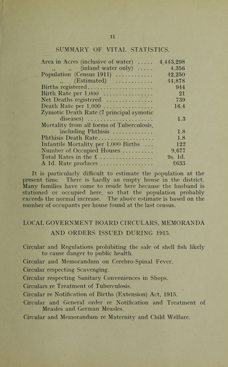 SUMMARY OF VITAL STATISTICS. Area in Acres (inclusive of water) 4,44.3,298 ,, ,, (inland water only) 4,356 Population (Census 1911) 42,250 ,, (Estimated) 44,878 Births registered 944 Birth Rate per 1,000 21 Net Deaths registered . 739 Death Rate per 1,000 16.4 Zymotic Death Rate (7 principal zymotic diseases) 1.3 Mortalit}^ from all forms of Tuberculosis, including Phthisis 1.8 Phthisis Death Rate 1.8 Infantile Mortality per 1,000 Births . . . 122 Number of Occupied Houses 9,677 Total Rates in the £ 9s. Id. A Id. Rate produces £633 It is particularly difficult to estimate the population at the present time. There is hardly an empty house in the district. Many families have come to reside here because the husband is stationed or occupied here, so that the population probably exceeds the normal increase. The above estimate is based on the number of occupants per house found at the last census. LOCAL GOVERNMENT BOARD CIRCULARS, MEMORANDA AND ORDERS ISSUED DURING 1915. Circular and Regulations prohibiting the sale of shell fish likely to cause danger to public health. Circular and Memorandum on Cerebro-Spinal Fever. Circular respecting Scavenging. Circular respecting Sanitary Conveniences in Shops. Circulars re Treatment of Tuberculosis. Circular re Notification of Births (Extension) Act, 1915. Circular and General order re Notification and Treatment of Measles and German Measles. Circular and Memorandum re Maternity and Child Welfare.