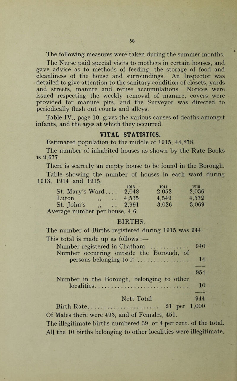 The following measures were taken during the summer months. The Nurse paid special visits to mothers in certain houses, and gave advice as to methods of feeding, the storage of food and cleanliness of the house and surroundings. An Inspector was detailed to give attention to the sanitary condition of closets, yards and streets, manure and refuse accumulations. Notices were issued respecting the weekly removal of manure, covers were provided for manure pits, and the Surveyor was directed to periodically flush out courts and alleys. Table IV., page 10, gives the various causes of deaths amongst infants, and the ages at which they occurred. VITAL STATISTICS. Estimated population to the middle of 1915, 44,878. The number of inhabited houses as shown by the Rate Books is 9,677. There is scarcely an empty house to be found in the Borough. Table showing the number of houses in each ward during 1913, 1914 and 1915. St. Mary’s Ward. . . 1913 . 2,048 1914 2,052 1915 2,036 Luton ,, . 4,535 4,549 4,572 St. John’s ,, .. 2,991 Average number per house, 4.6. 3,026 3,069 BIRTHS. The number of Births registered during 1915 was 944. This total is made up as follows : — Number registered in Chatham 940 Number occurring outside the Borough, of persons belonging to it 14 954 Number in the Borough, belonging to other localities 10 Nett Total 944 Birth Rate 21 per 1,000 Of Males there were 493, and of Females, 451. The illegitimate births numbered 39, or 4 per cent, of the total. AU the 10 births belonging to other localities were illegitimate,