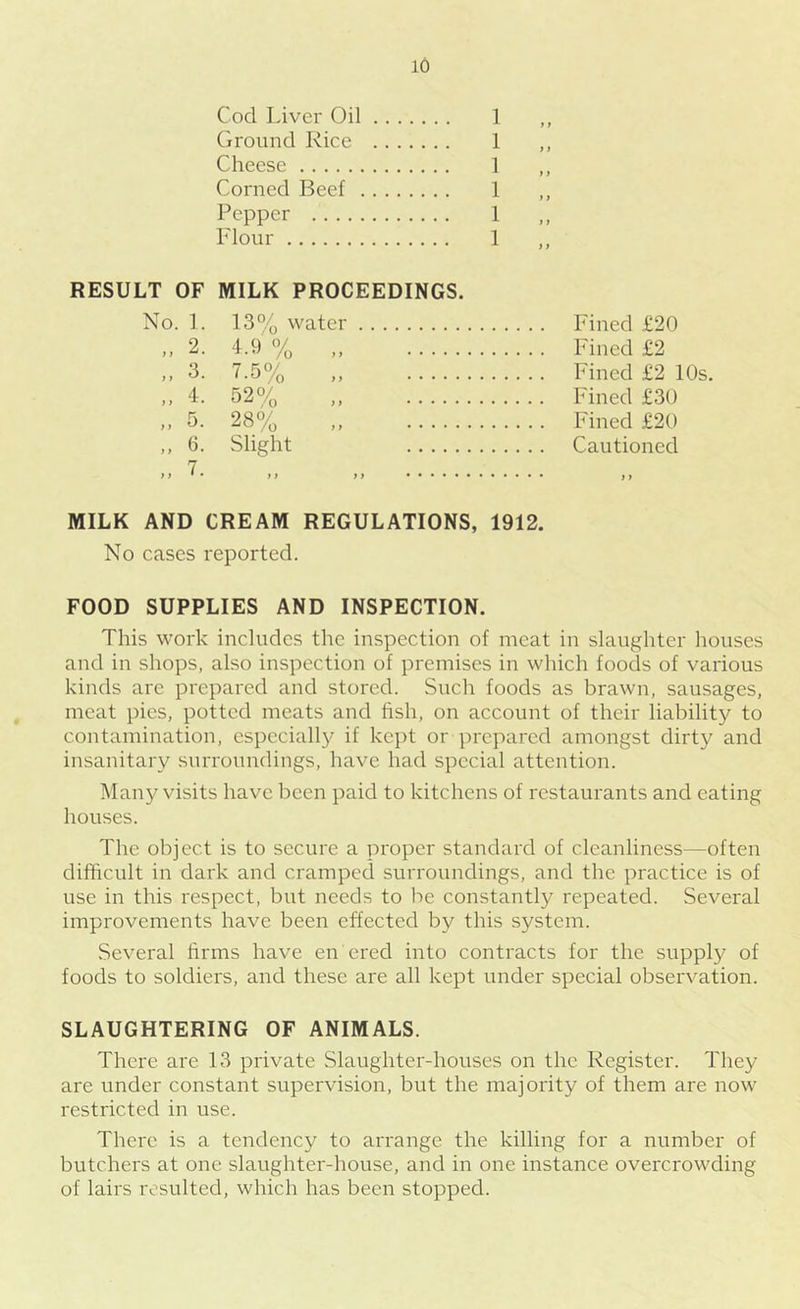 Cod Liver Oil 1 Ground Rice 1 Cheese 1 Corned Beef 1 Pepper 1 }} Flour 1 j} RESULT OF MILK PROCEEDINGS. No. 1. 13% water „ 2. 4.9 % „ „ 3. 7.5% „ 4. 52% „ ,, 5. 28% „ Fined £20 ,, 6. Slight Cautioned 7. MILK AND CREAM REGULATIONS, 1912. No cases reported. FOOD SUPPLIES AND INSPECTION. This work includes the inspection of meat in slaughter houses and in shops, also inspection of premises in which foods of various kinds are prepared and stored. Such foods as brawn, sausages, meat pies, potted meats and fish, on account of their liability to contamination, espcciallj^ if kept or prepared amongst dirty and insanitary surroundings, have had special attention. Many visits have been paid to kitchens of restaurants and eating houses. The object is to secure a proper standard of cleanliness—often difficult in dark and cramped surroundings, and the practice is of use in this respect, but needs to be constantly repeated. Several improvements have been effected by this system. Several firms have en ered into contracts for the supply of foods to soldiers, and these are all kept under special observation. SLAUGHTERING OF ANIMALS. There are 13 private Slaughter-houses on the Register. They are under constant supervision, but the majority of them are now restricted in use. There is a tendency to arrange the killing for a number of butchers at one slaughter-house, and in one instance overcrowding of lairs resulted, which has been stopped.