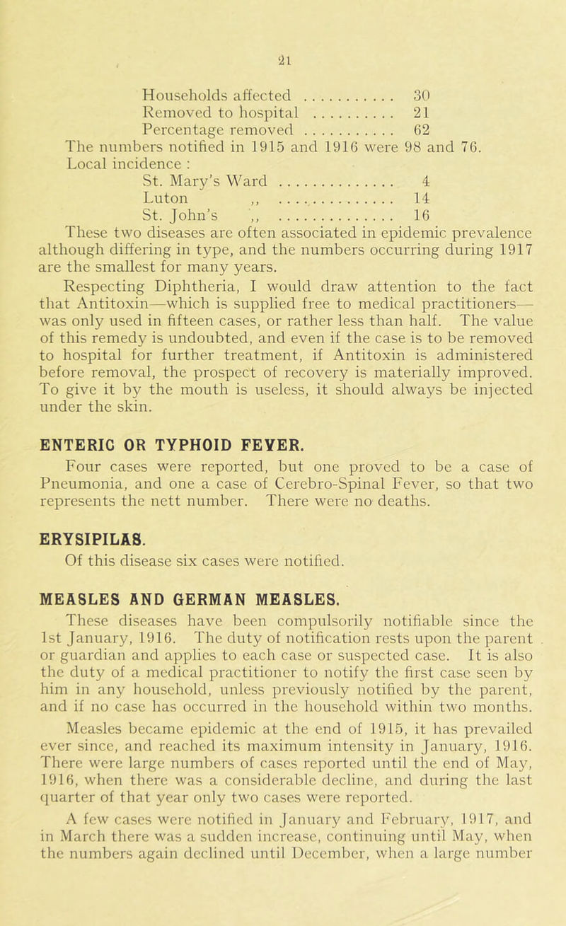 Households affected 30 Removed to hospital 21 Percentage removed 62 The numbers notified in 1915 and 1916 were 98 and 76. Local incidence : St. Mary’s Ward 4 Luton ,, 14 St. John’s ,, 16 These two diseases are often associated in epidemic prevalence although differing in type, and the numbers occurring during 1917 are the smallest for many years. Respecting Diphtheria, I would draw attention to the fact that Antitoxin—which is supplied free to medical practitioners— was only used in fifteen cases, or rather less than half. The value of this remedy is undoubted, and even if the case is to be removed to hospital for further treatment, if Antitoxin is administered before removal, the prospect of I'ecovery is materially improved. To give it by the mouth is useless, it should always be injected under the skin. ENTERIC OR TYPHOID FEVER. Four cases were reported, but one proved to be a case of Pneumonia, and one a case of Cerebro-Spinal Fever, so that two represents the nett number. There were no deaths. ERYSIPILAS. Of this disease six cases were notified. MEASLES AND GERMAN MEASLES. These diseases have been compulsorily notifiable since the 1st January, 1916. The duty of notification rests upon the parent or guardian and applies to each case or suspected case. It is also the duty of a medical practitioner to notify the first case seen by him in any household, unless previously notified by the parent, and if no case has occurred in the household within two months. Measles became epidemic at the end of 1915, it has prevailed ever since, and reached its maximum intensity in January, 1916. There were large numbers of cases reported until the end of May, 1916, when tliere was a considerable decline, and during the last quarter of that year only two cases were reported. A few cases were notified in January and February, 1917, and in March there was a sudden increase, continuing until May, when the numbers again declined until December, when a large number