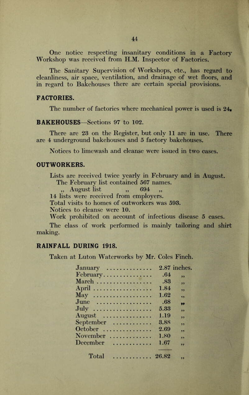 One notice respecting insanitary conditions in a Factory Workshop was received from H.M. Inspector of Factories. The Sanitary Supervision of Workshops, etc., has regard to cleanliness, air space, ventilation, and drainage of wet floors, and in regard to Bakehouses there are certain special provisions. FACTORIES. The number of factories where mechanical power is used is 24t BAKEHOUSES—Sections 97 to 102. There are 23 on the Register, but only II are in use. There are 4 underground bakehouses and 5 factory bakehouses. Notices to limewash and cleanse were issued in two cases. OUTWORKERS. Lists are received twice yearly in February and in August. The February list contained 567 names. ,, August list „ 694 „ 14 lists were received from employers. Total visits to homes of outworkers was 593. Notices to cleanse were 10. Work prohibited on account of infectious disease 5 cases. The class of work performed is mainly tailoring and shirt making. RAINFALL DURING 1918. Taken at Luton Waterworks by Mr. Coles Finch. January February 64 99 March 83 99 April 1.84 99 May 1.62 ^9 June 68 ff Julv 5.33 99 August 1.19 99 September 3.88 99 October 2.69 99 November 1.80 99 December 1.67 99 Total 26.82 99