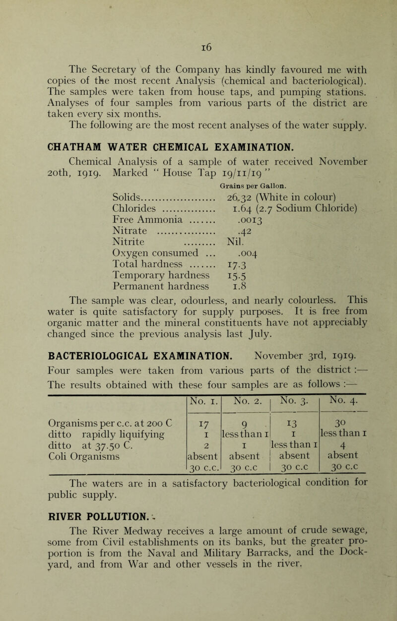 The Secretary of the Company has kindly favoured me with copies of the most recent Analysis (chemical and bacteriological). The samples were taken from house taps, and pumping stations. Analyses of four samples from various parts of the district are taken every six months. The following are the most recent analyses of the water supply. CHATHAM WATER CHEMICAL EXAMINATION. Chemical Analvsis of a sample of water received November 2oth, 1919. Marked “ House Tap Solids Chlorides Free Ammonia Nitrate Nitrite Oxygen consumed ... Total hardness Temporary hardness Permanent hardness 19/11/19 ” Grains per Gallon. 26.32 (White in colour) 1.64 (2.7 Sodium Chloride) .0013 .42 Nil, .004 17-3 15.5 1.8 The sample was clear, odourless, and nearly colourless. This water is quite satisfactory for supply purposes. It is free from organic matter and the mineral constituents have not appreciably changed since the previous analysis last July. BACTERIOLOGICAL EXAMINATION. November 3rd, 1919. Four samples were taken from various parts of the district :— The results obtained with these four samples are as follows :— No. I. No. 2. 1 No. 3. No. 4. Organisms per c.c. at 200 C 17 9 13 30 ditto rapidly liquifying I less than i I less than i ditto at 37.50 C. 2 I less than i 4 Coli Organisms absent 30 c.c. absent 30 c.c absent 1 30 c.c absent 30 c.c The waters are in a satisfactory bacteriological condition for public supply. RIVER POLLUTION. - The River Medway receives a large amount of crude sewage, some from Civil establishments on its banks, but the greater pro- portion is from the Naval and Military Barracks, and the Dock- yard, and from War and other vessels in the river.